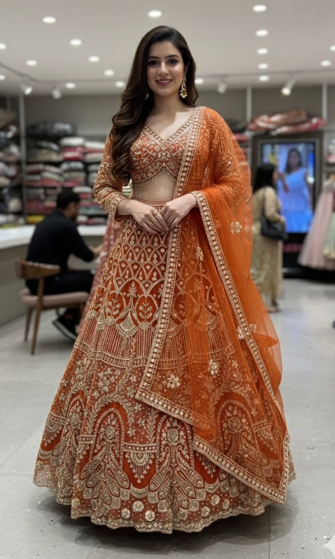 Orange GOLDEN EMBROIDERY Lehenga