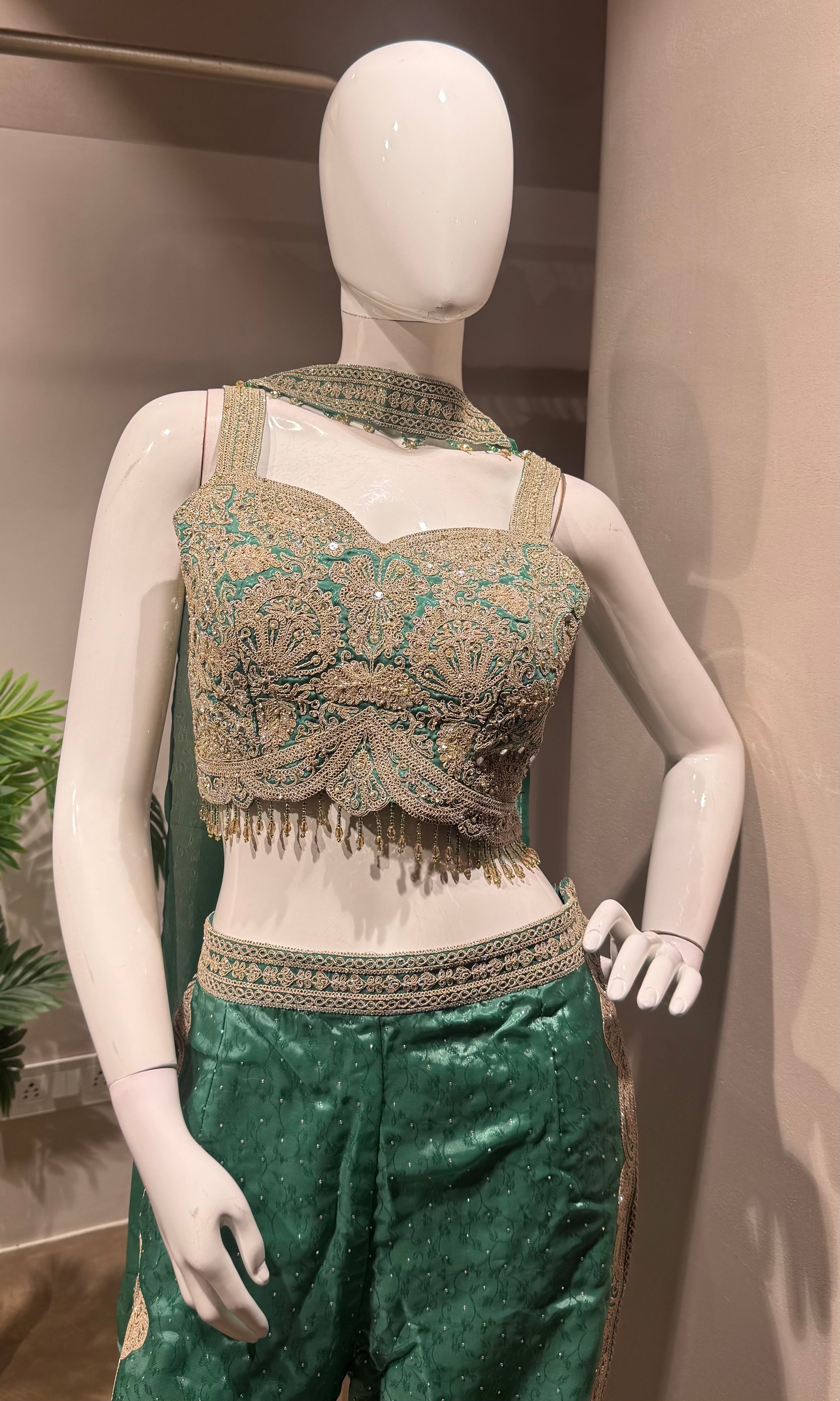 Green sequins crop top and palazzo set