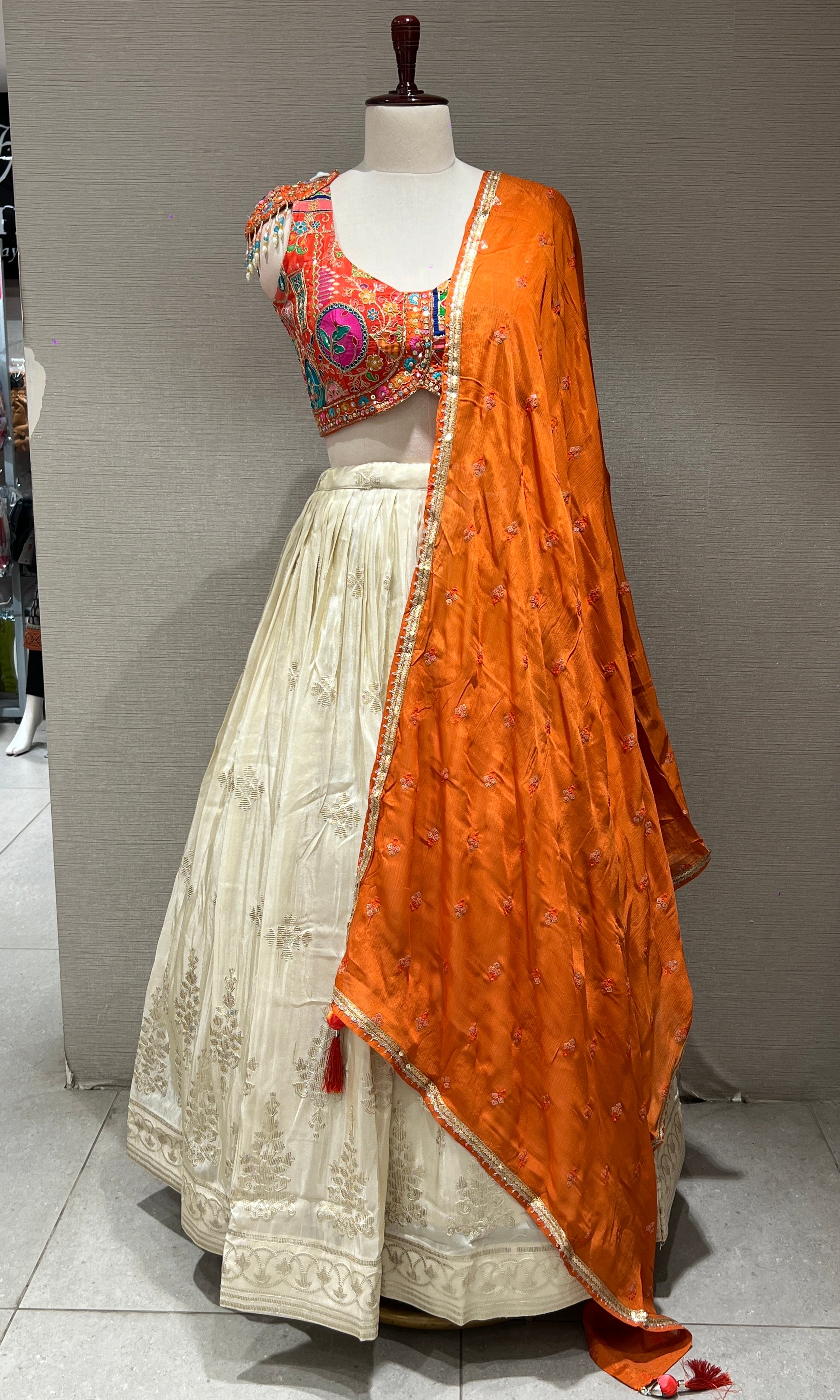 Orange and Cream Embroidered Lehenga