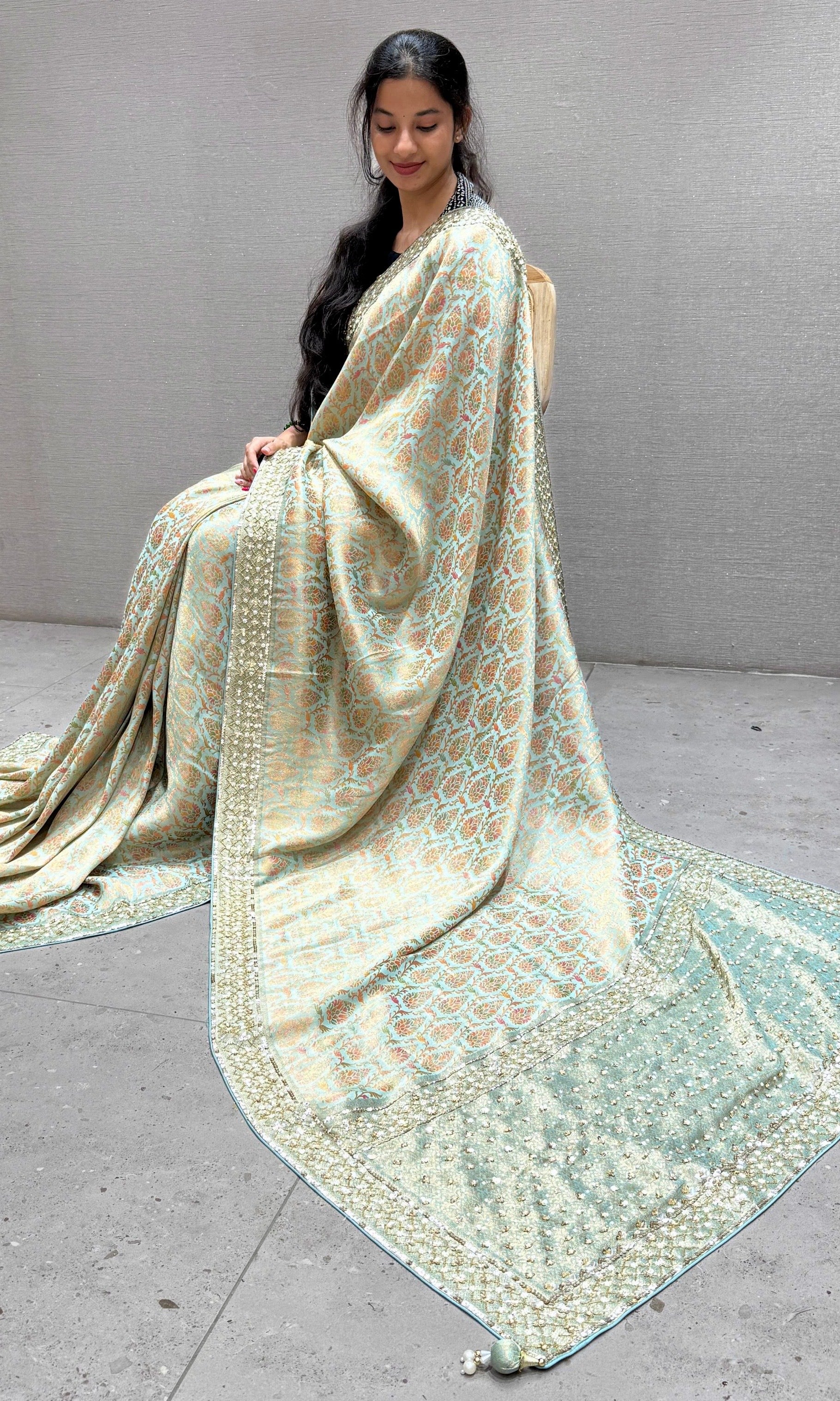 Pastel Sage Green Banarasi saree with ready blouse