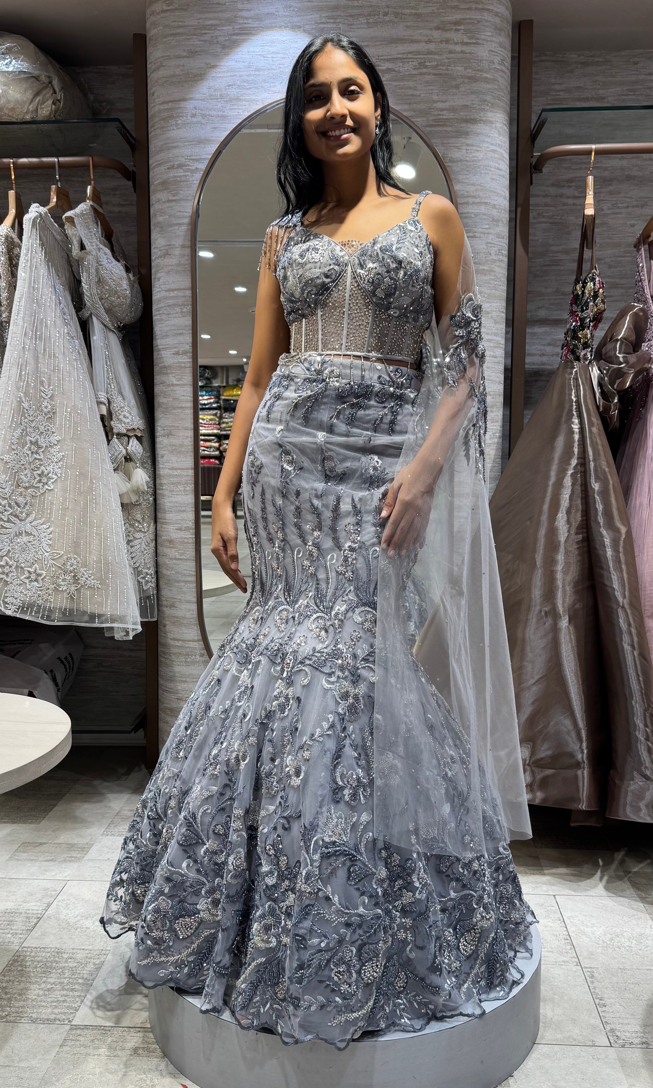 Grey Shimmer Sequins Embroidery Lehenga