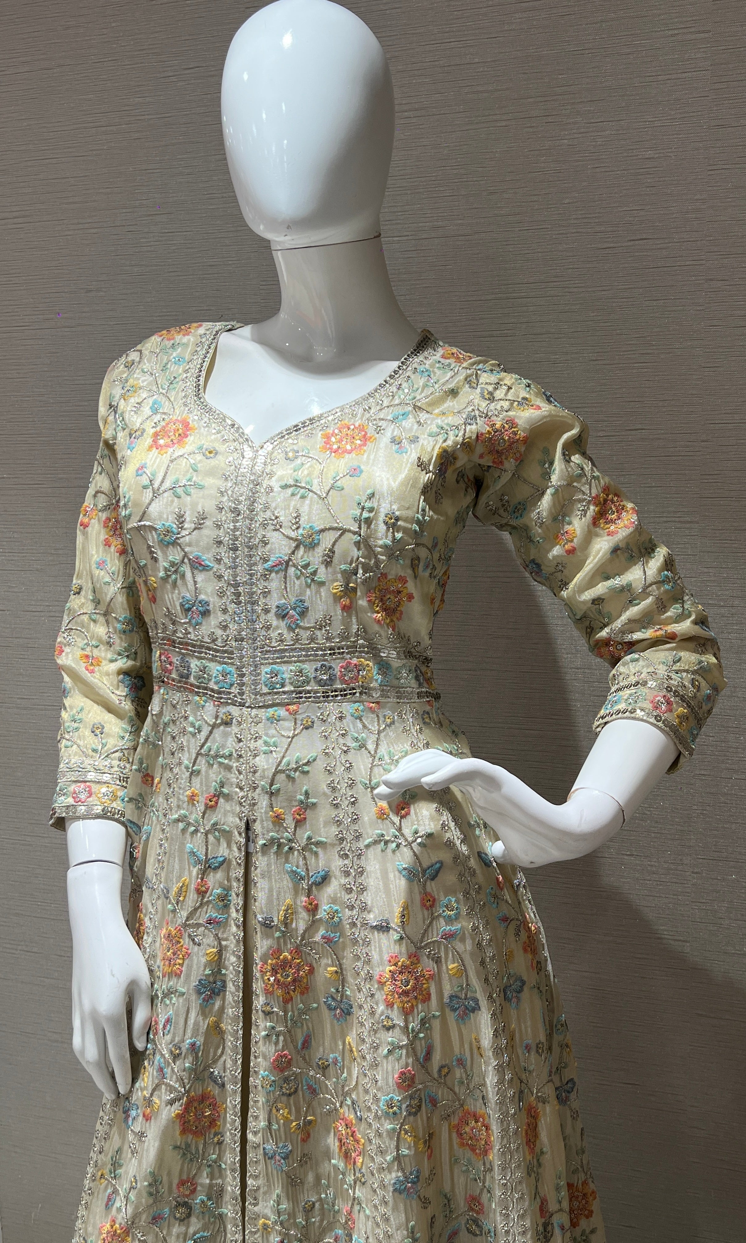 Cream front slit Anarkali kurta set