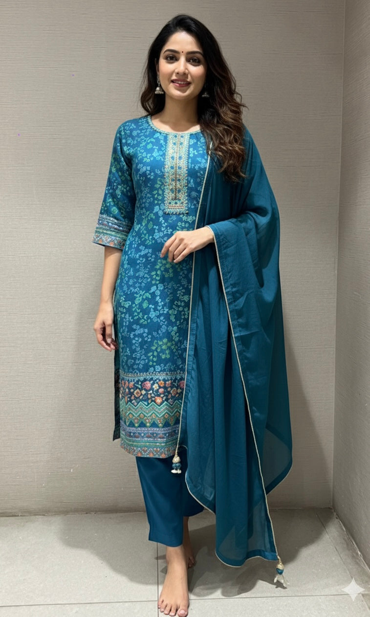 Sea green floral print kurta set