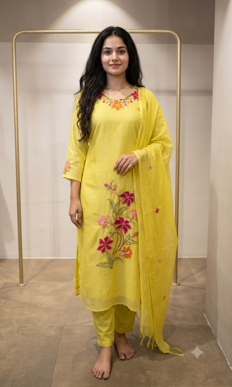 Green Mul Chanderi Kurta Set with Floral Embroidery