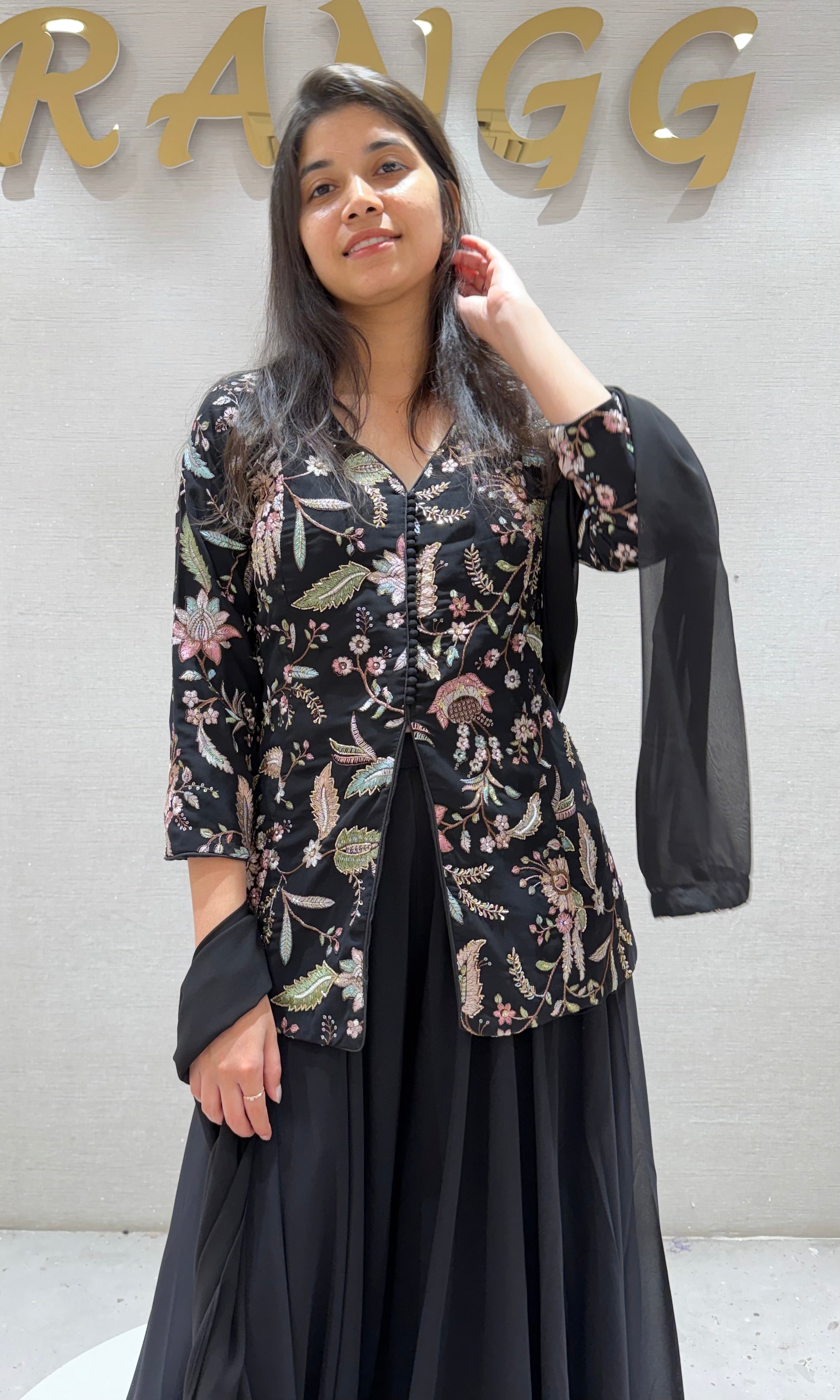 Black FRONT SLIT PEPLUM SHARARA SET