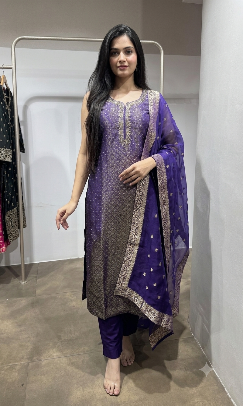 Purple Banarasi Embroidered Kurta Set