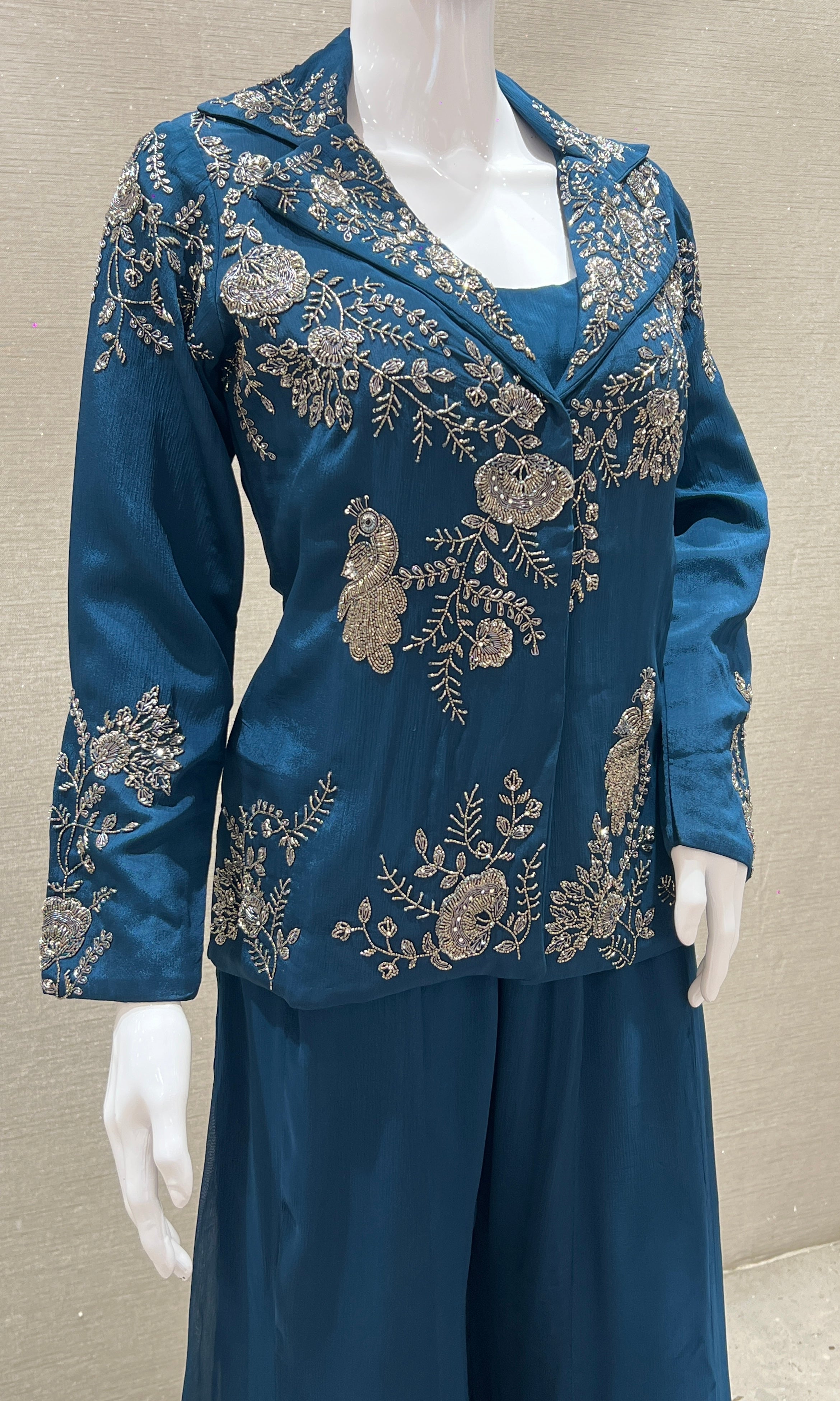 Peacock blue palazzo set with jacket