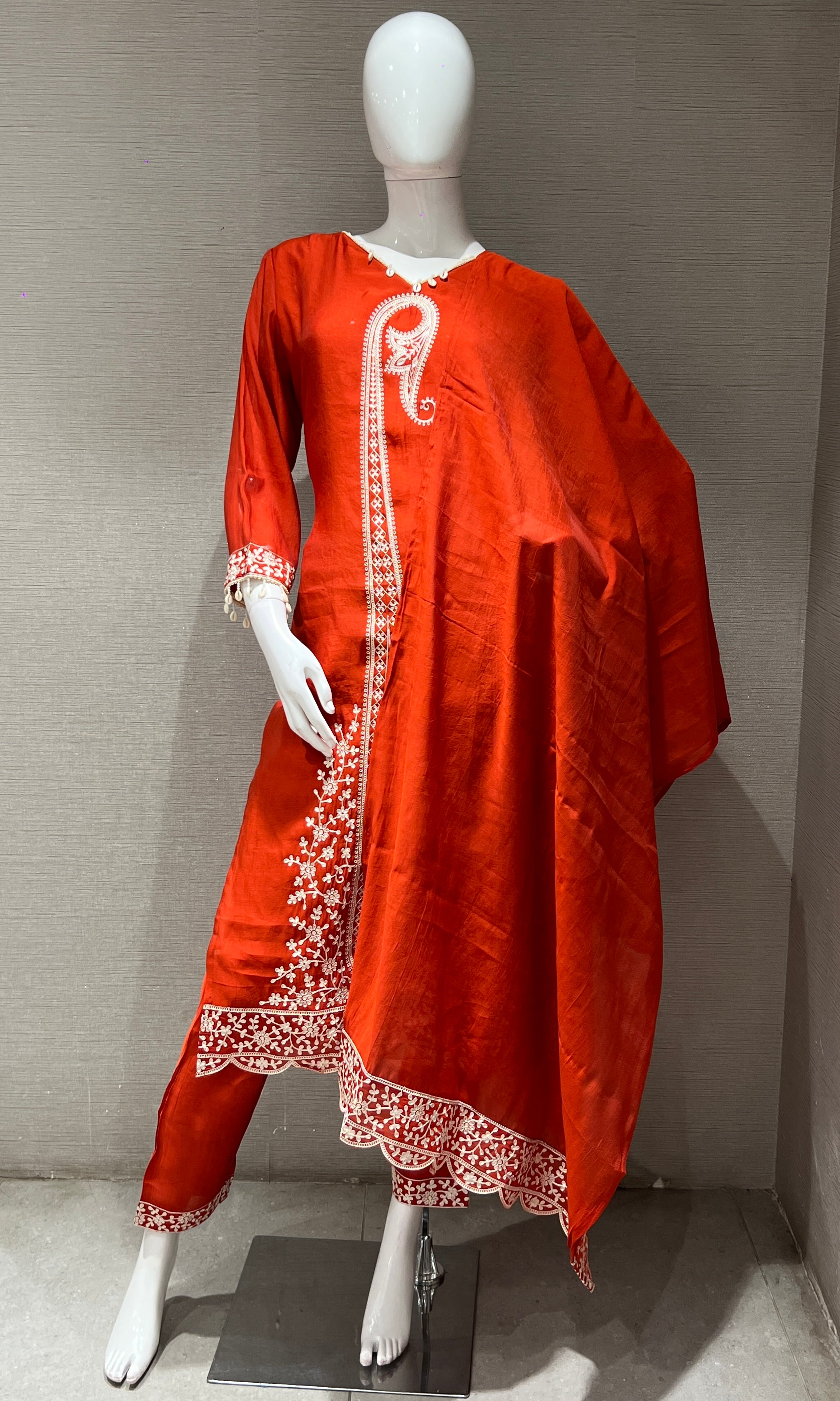 Rust orange Thread Embroidery Kurta Set