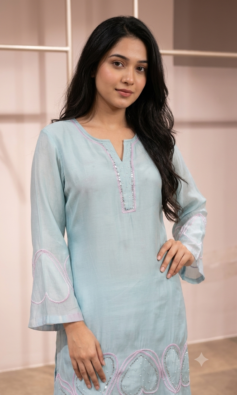 Sky Blue Kurta Suit with Multicolor Dupatta
