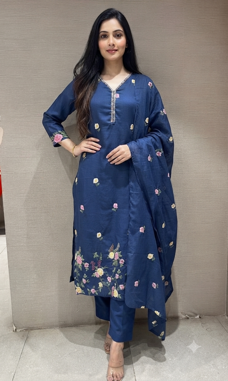 Blue Floral Chanderi Ethnic Kurta set