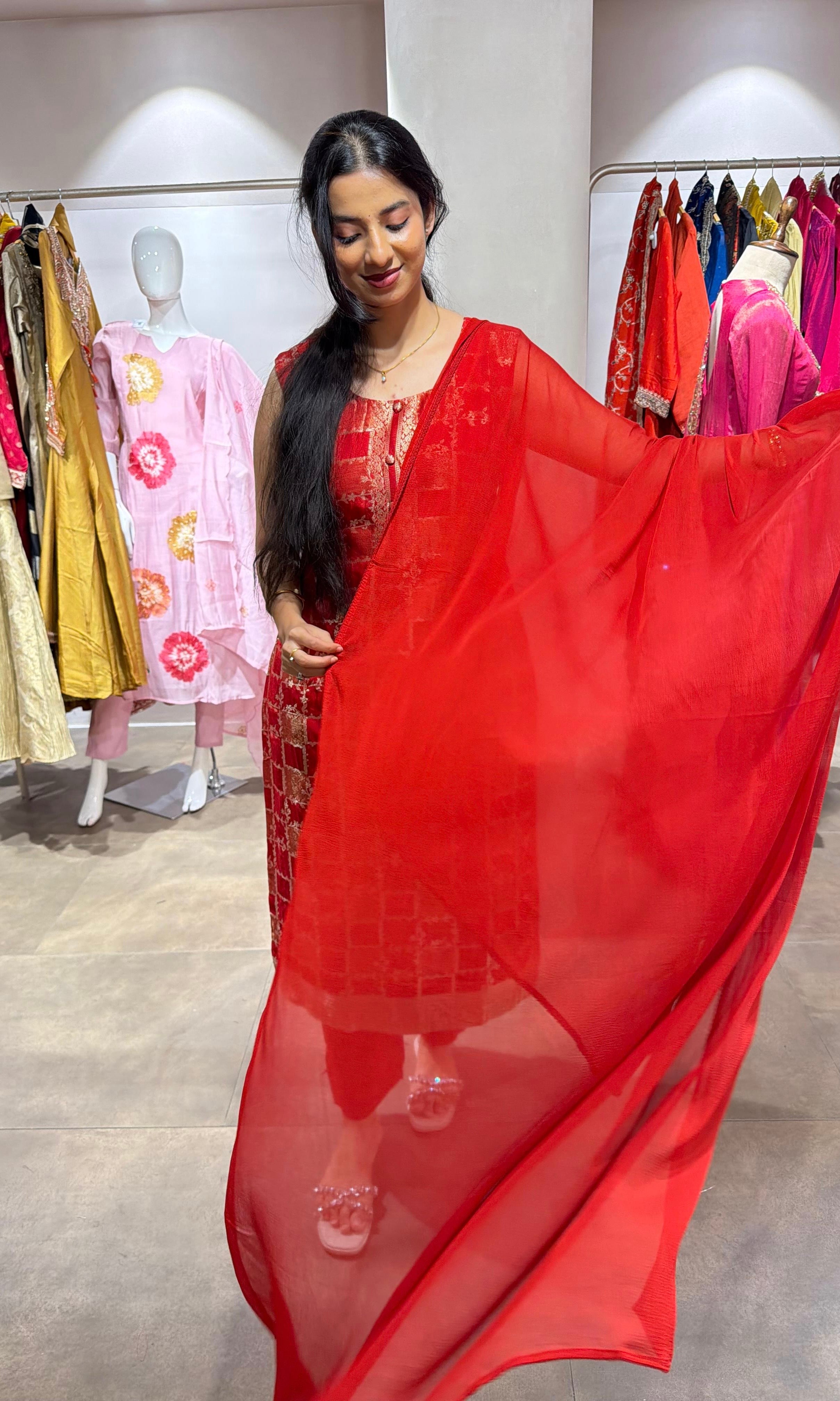 red Silk Embroidered Zari Kurta Set
