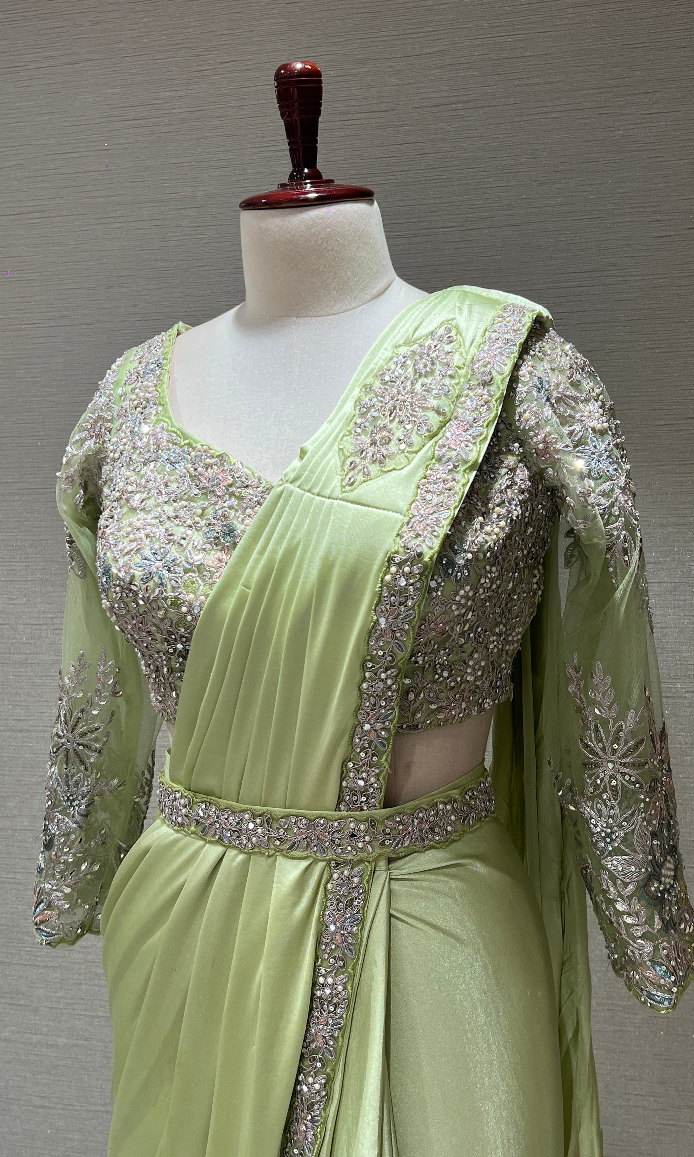 GREEN DRAPE SAREE WITH FLORAL BLOUSE & BELT