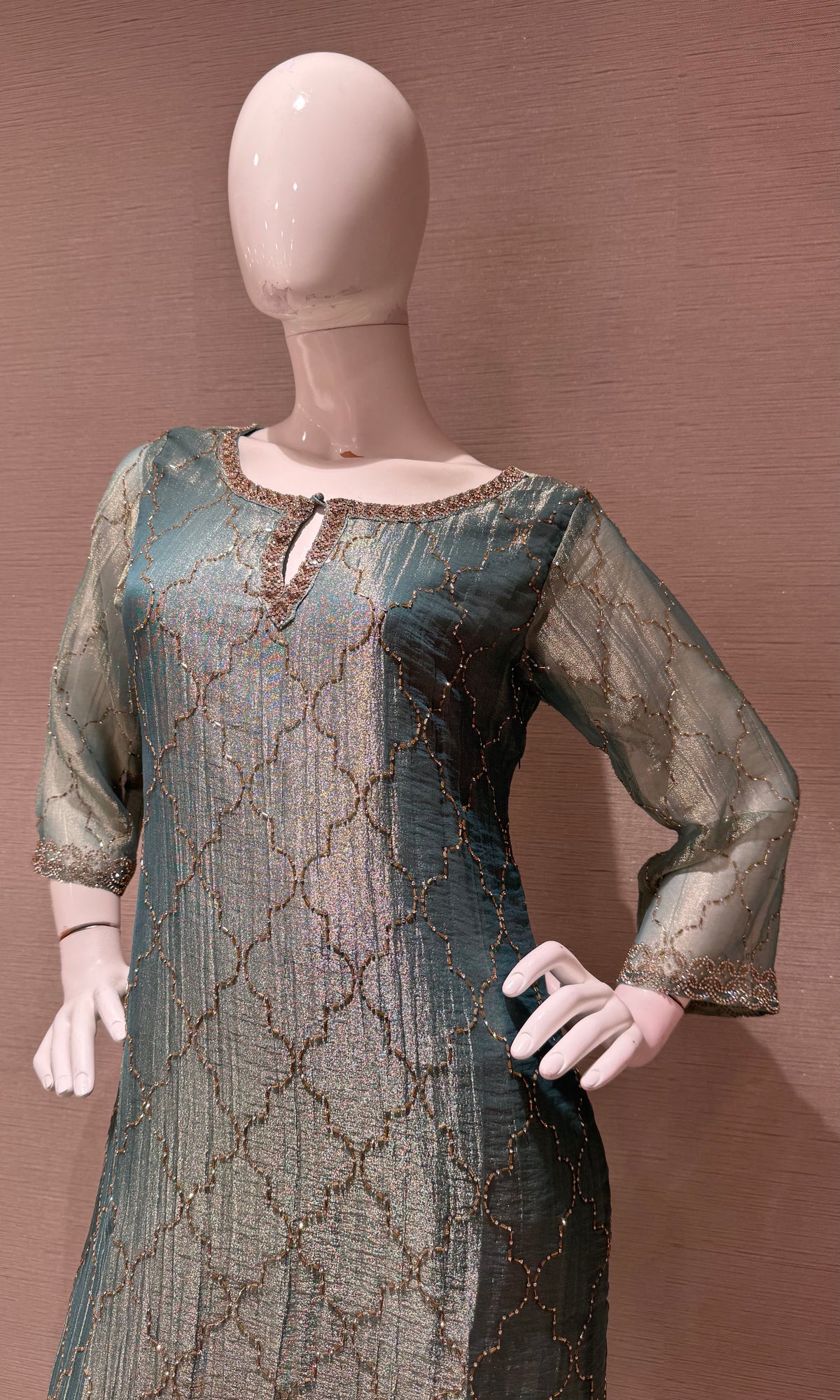 Green Shimmer Golden ethnic Kurta set with dupatta