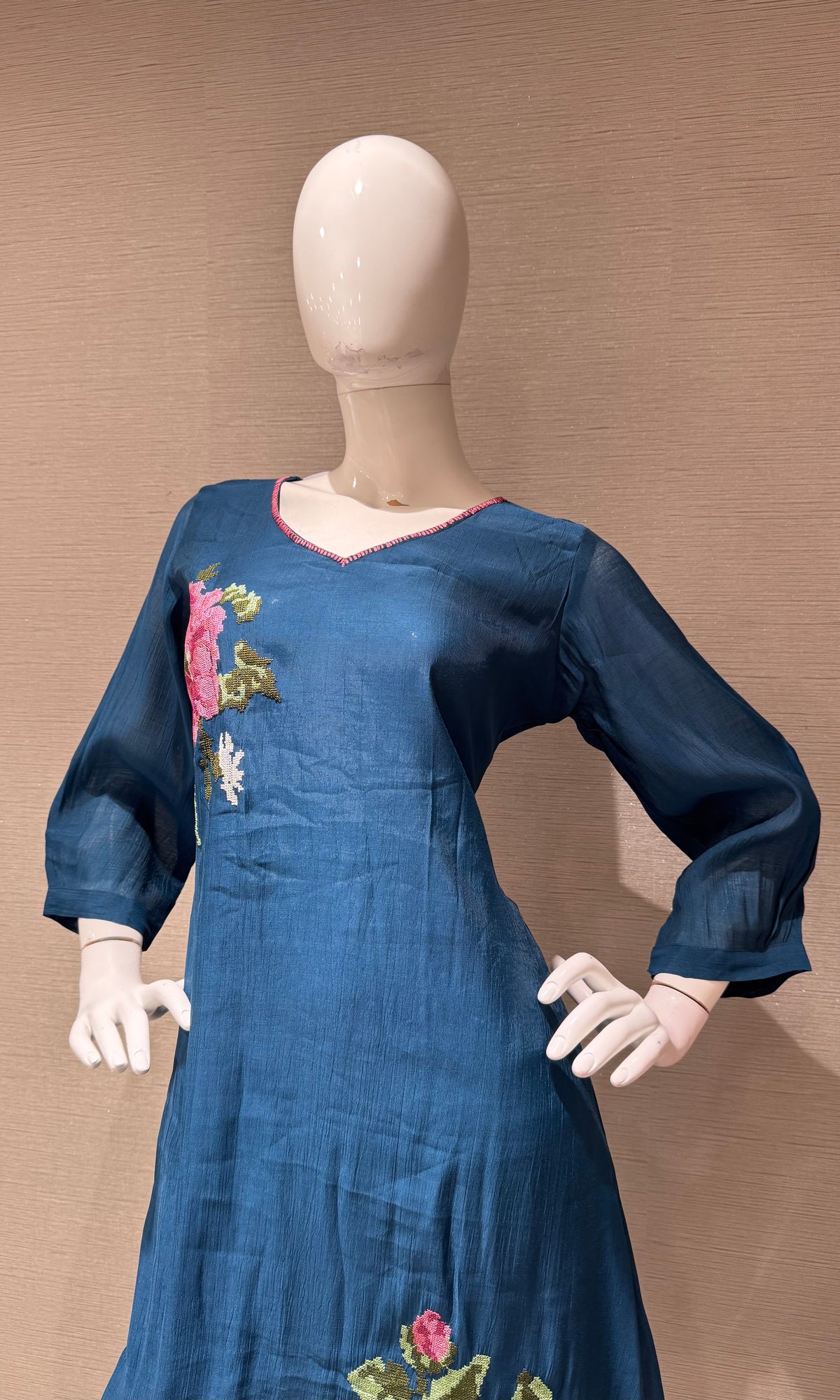 Blue Floral Embroidered Cotton Kurta Set with Dupatta