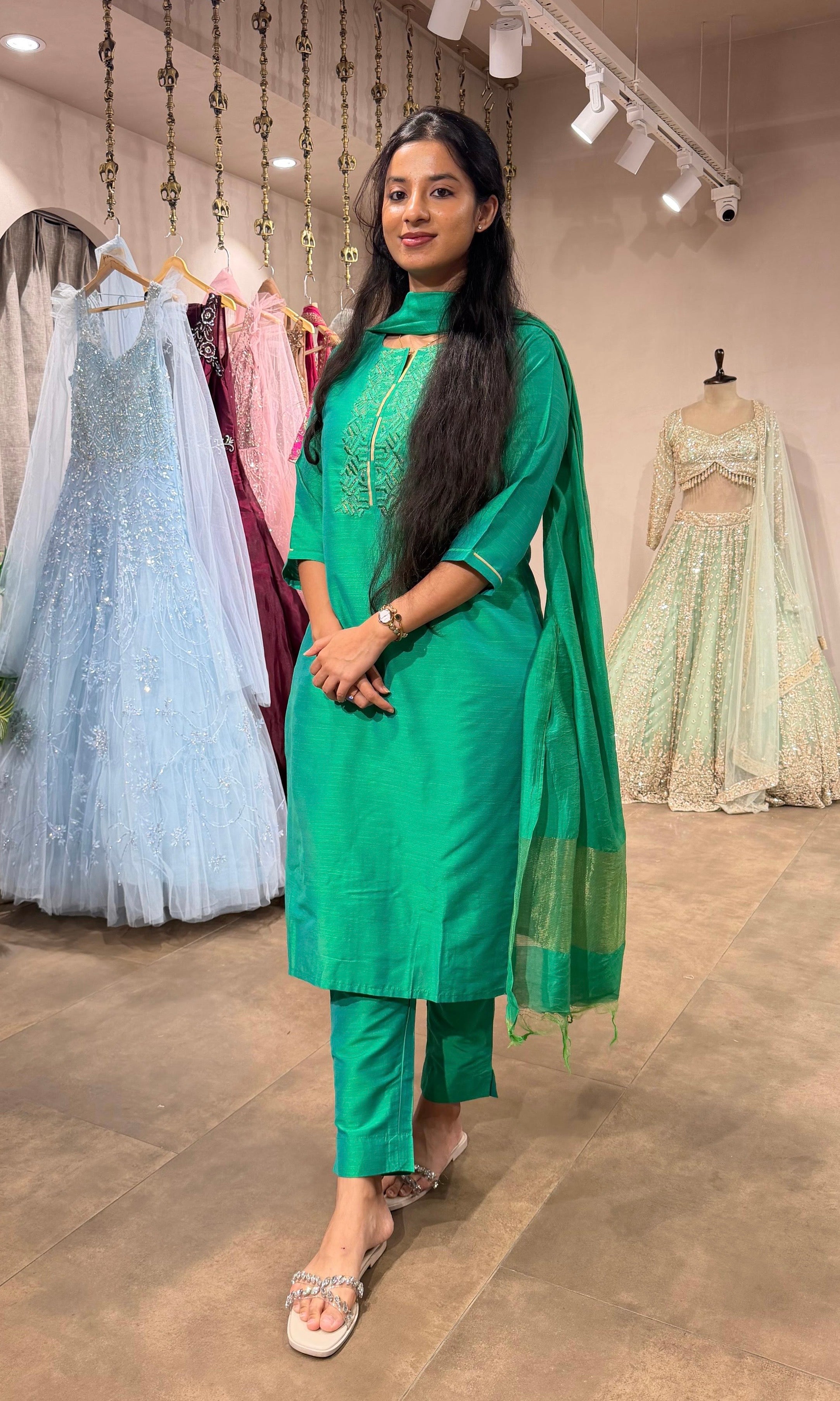 Green Embroidered Silk Straight kurta set