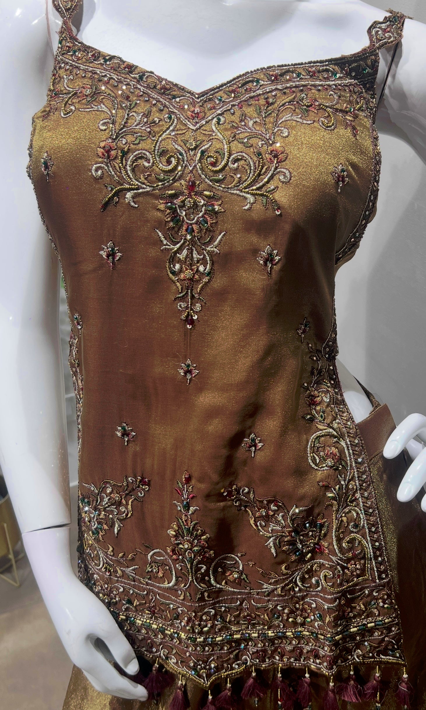 Brown Gold Shimmer Tissue A-Line Anarkali