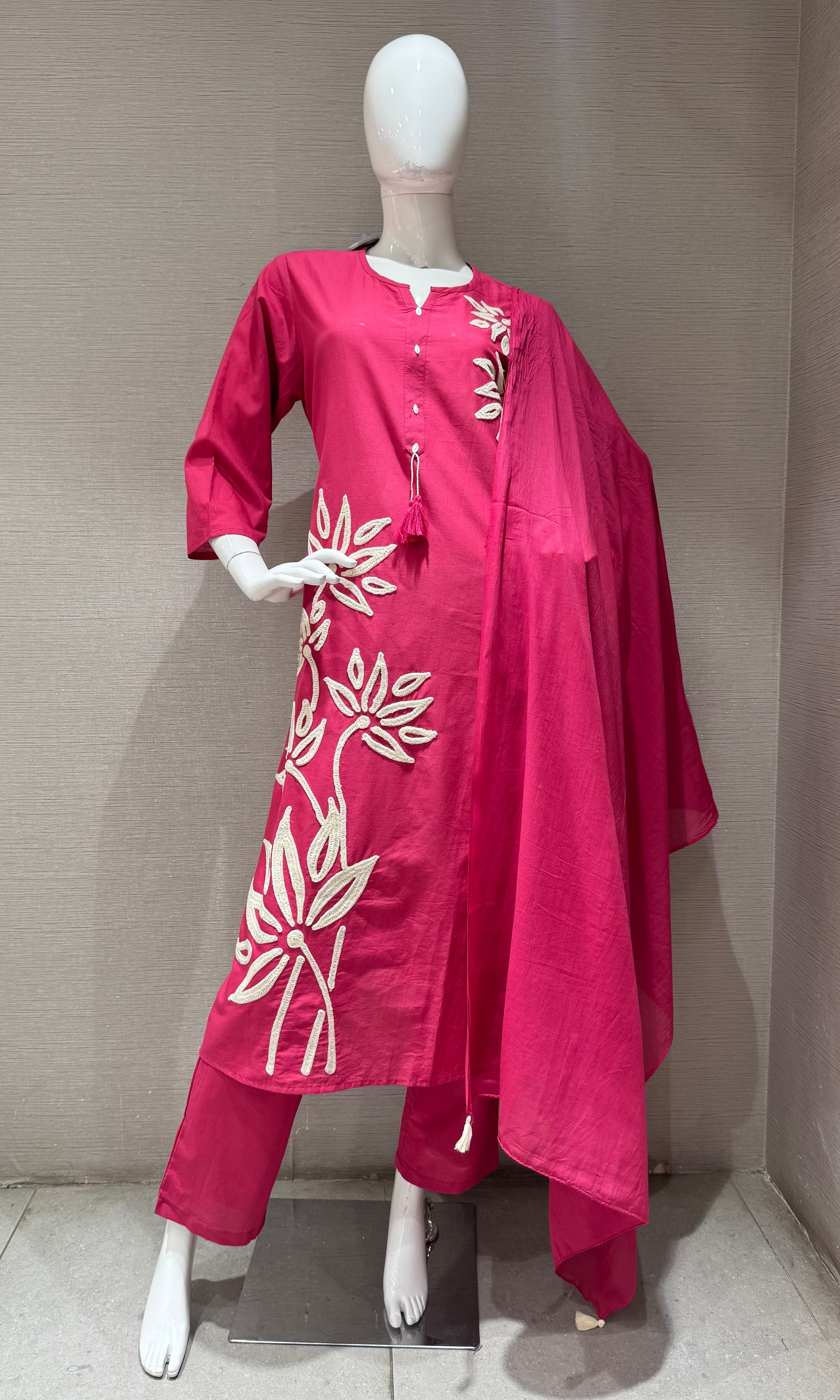 pink embroidery cotton kurta set with a dupatta
