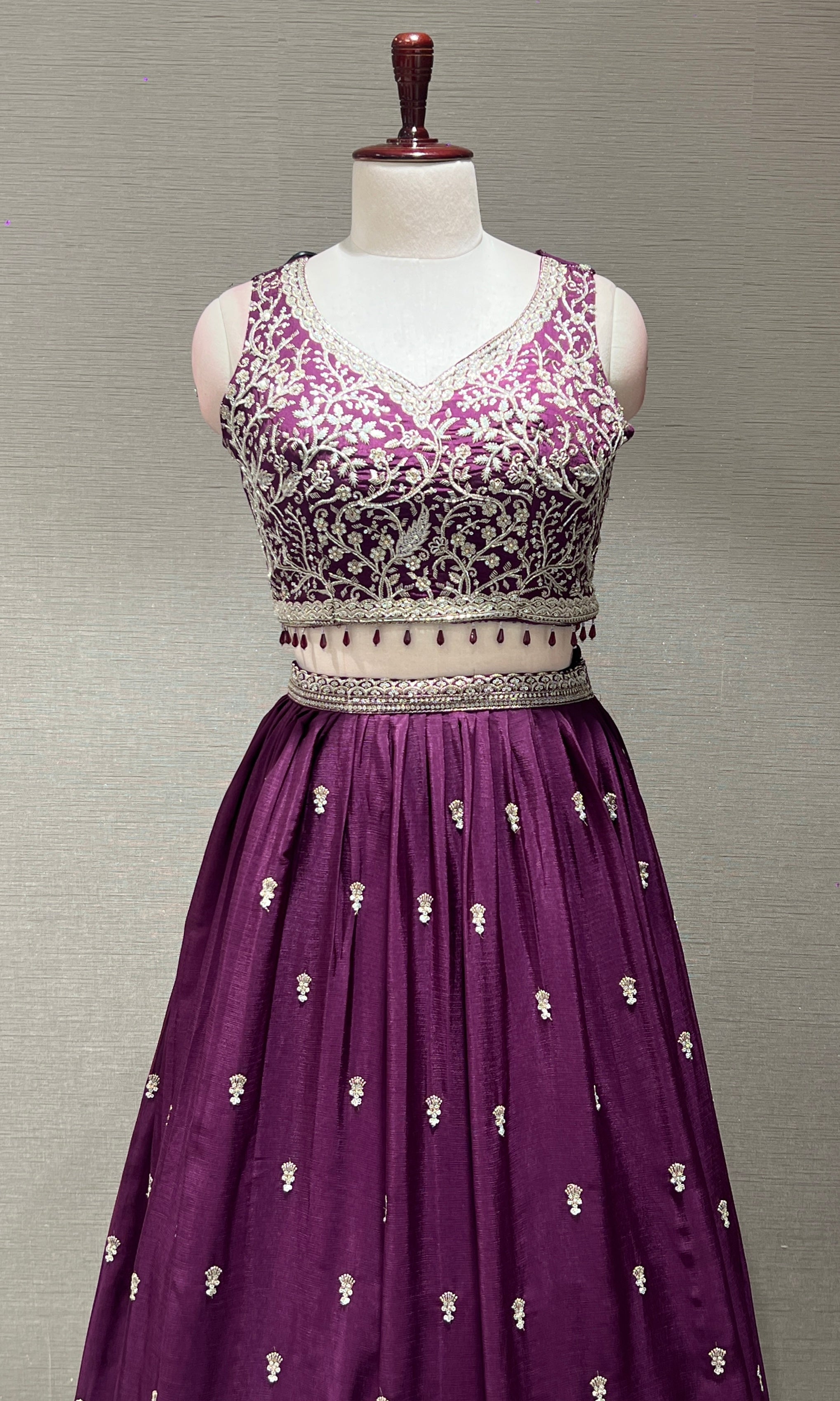 Wine Floral intricate Embroidery Lehenga
