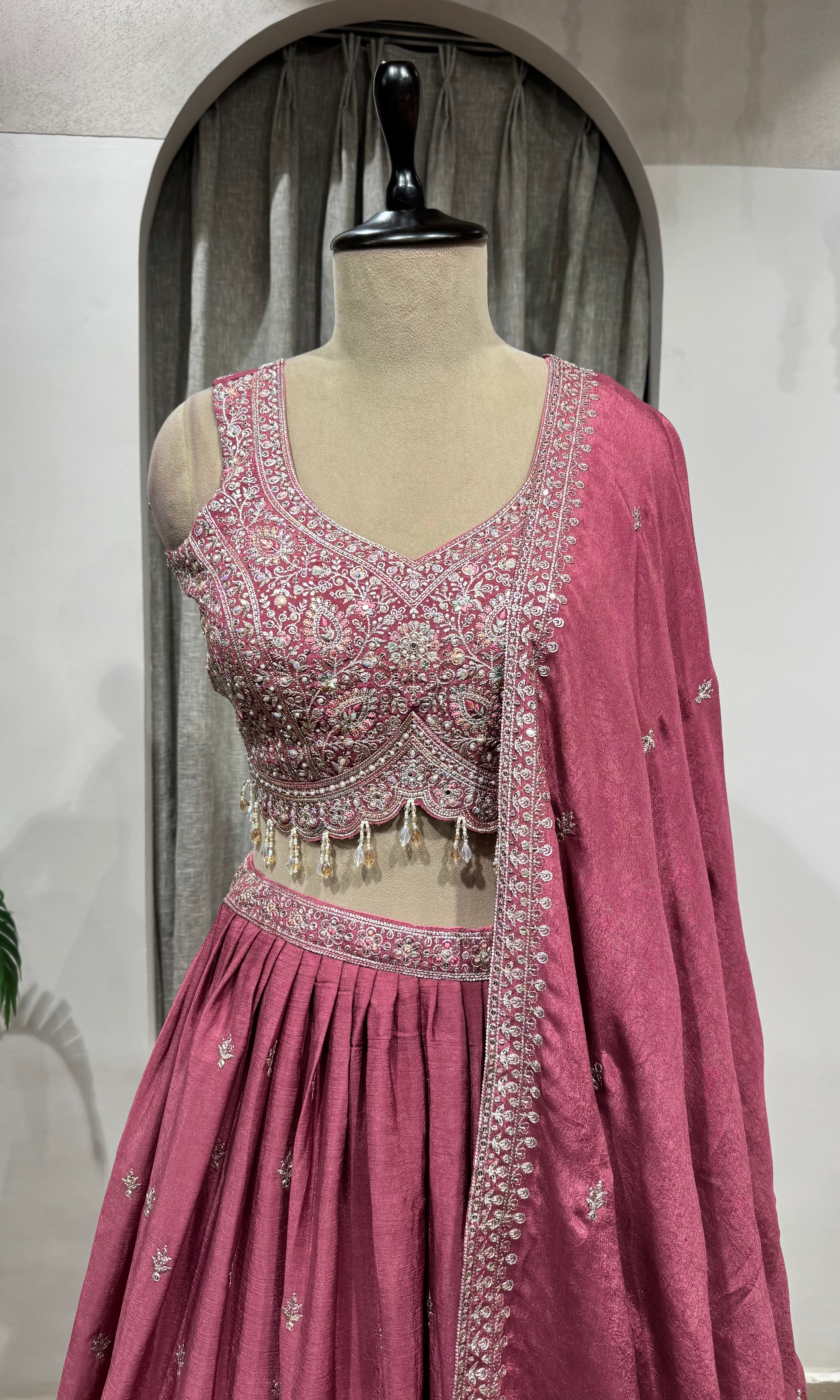 PINK Flared Lehenga Choli with Border Embroidery