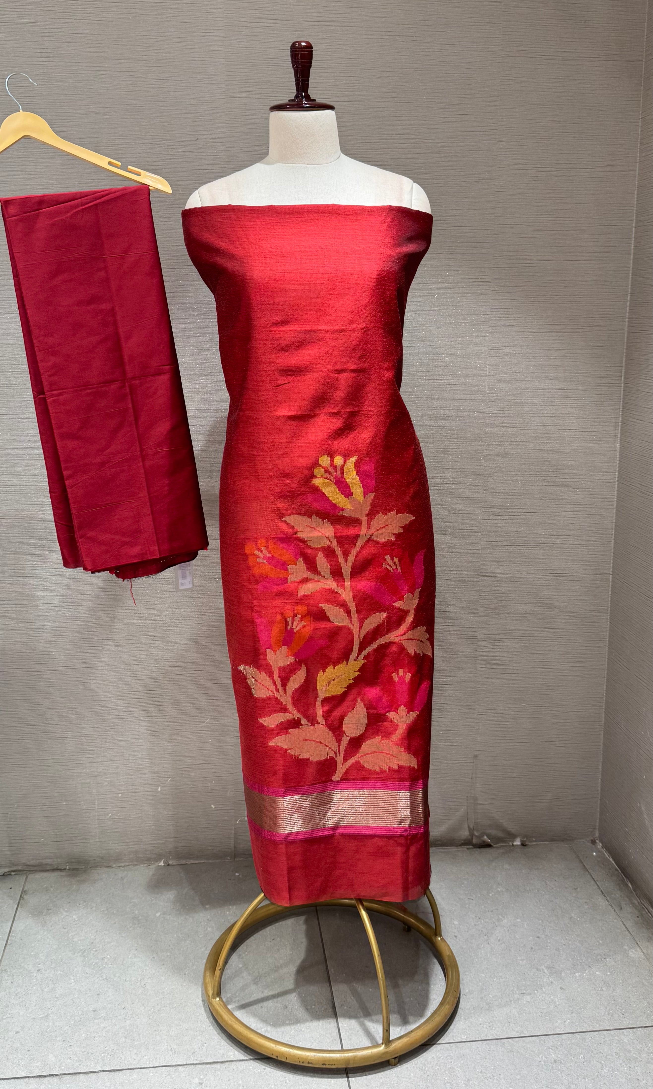 rani pink intricate gold floral brocade Dress material