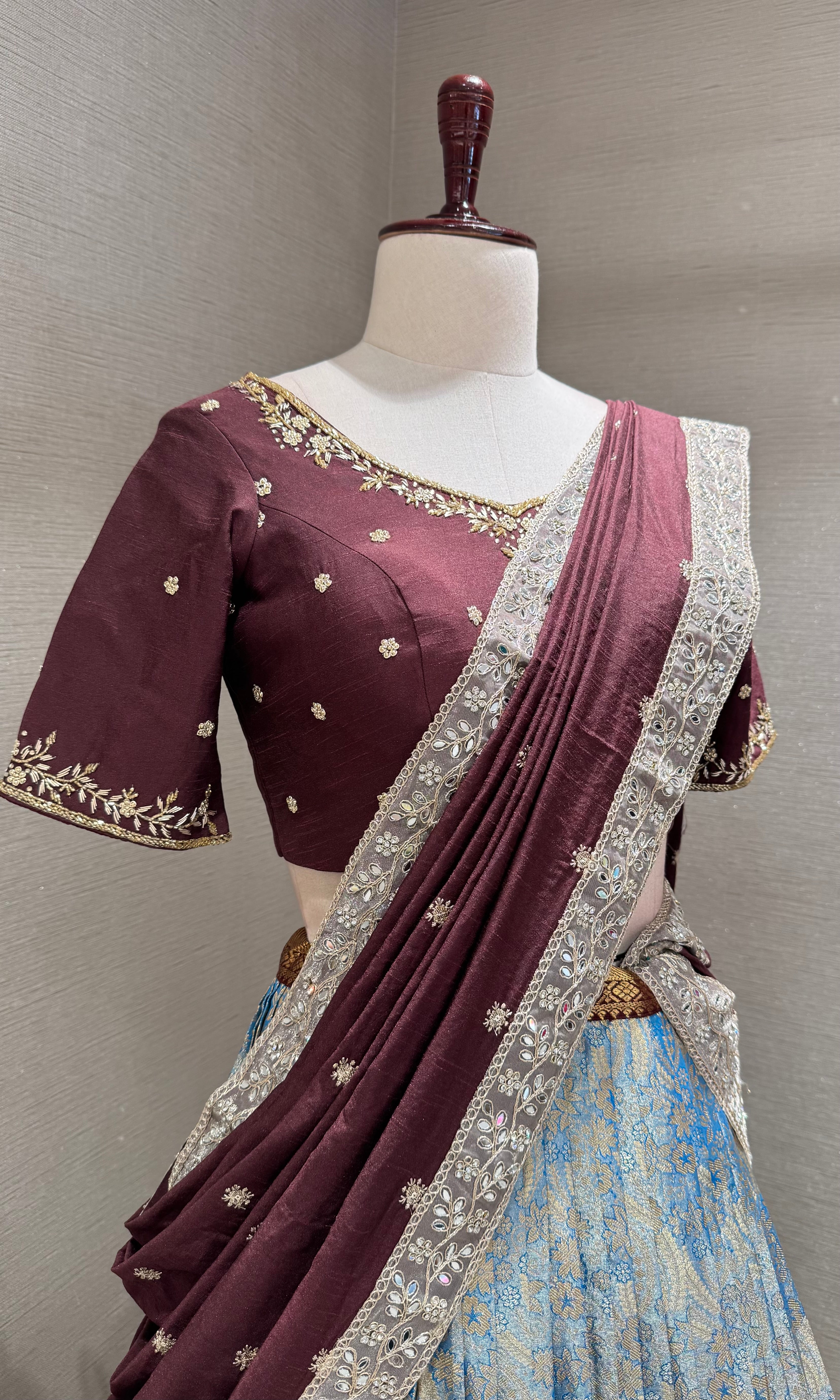 BLUE BANARASI PATTU LEHENGA WITH EMBROIDERED BLOUSE
