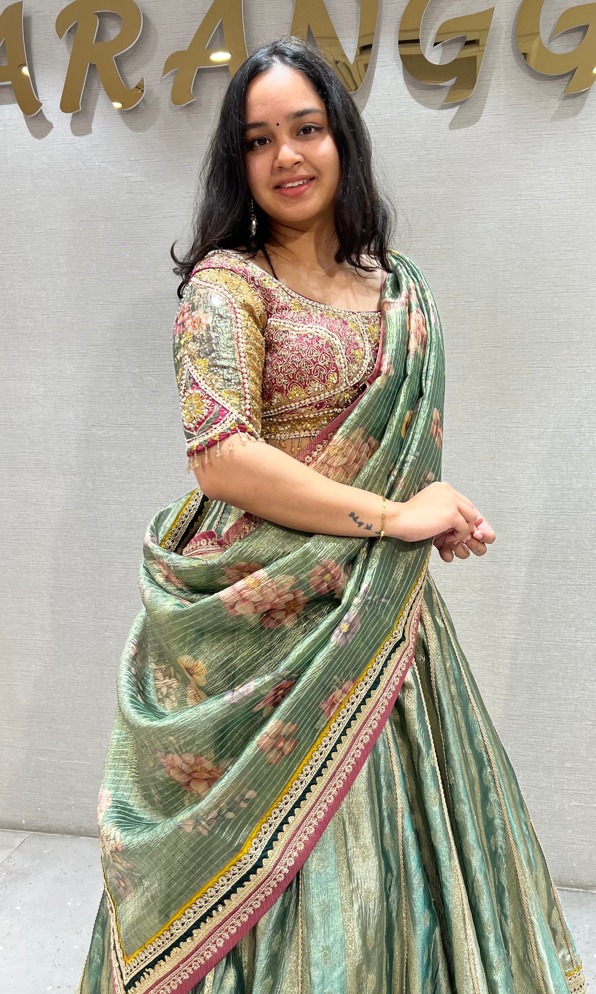 Sage Green raw silk Lehenga Set with Golden Zari Motifs