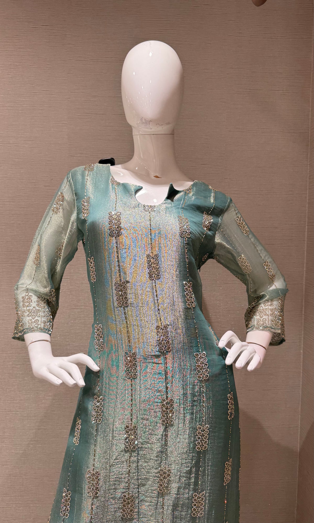 sage green tissue silk embroidered kurta set