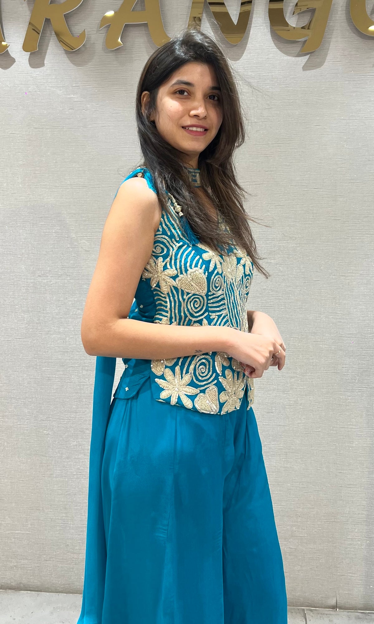 Rama silk gold floral embroidered peplum palazzo set