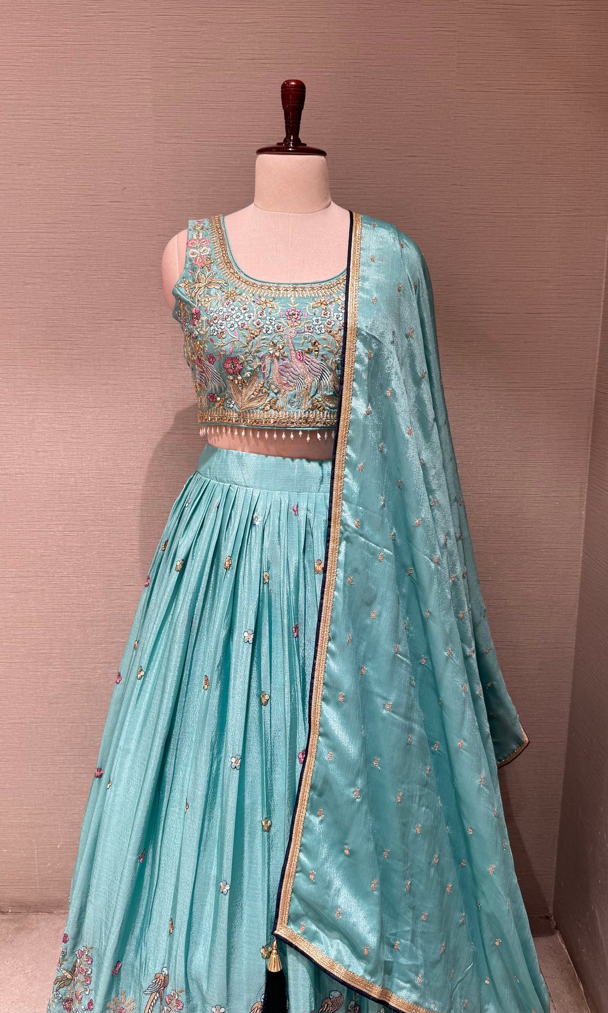 Sea Blue Tissue silk Forest Floral Lehenga set