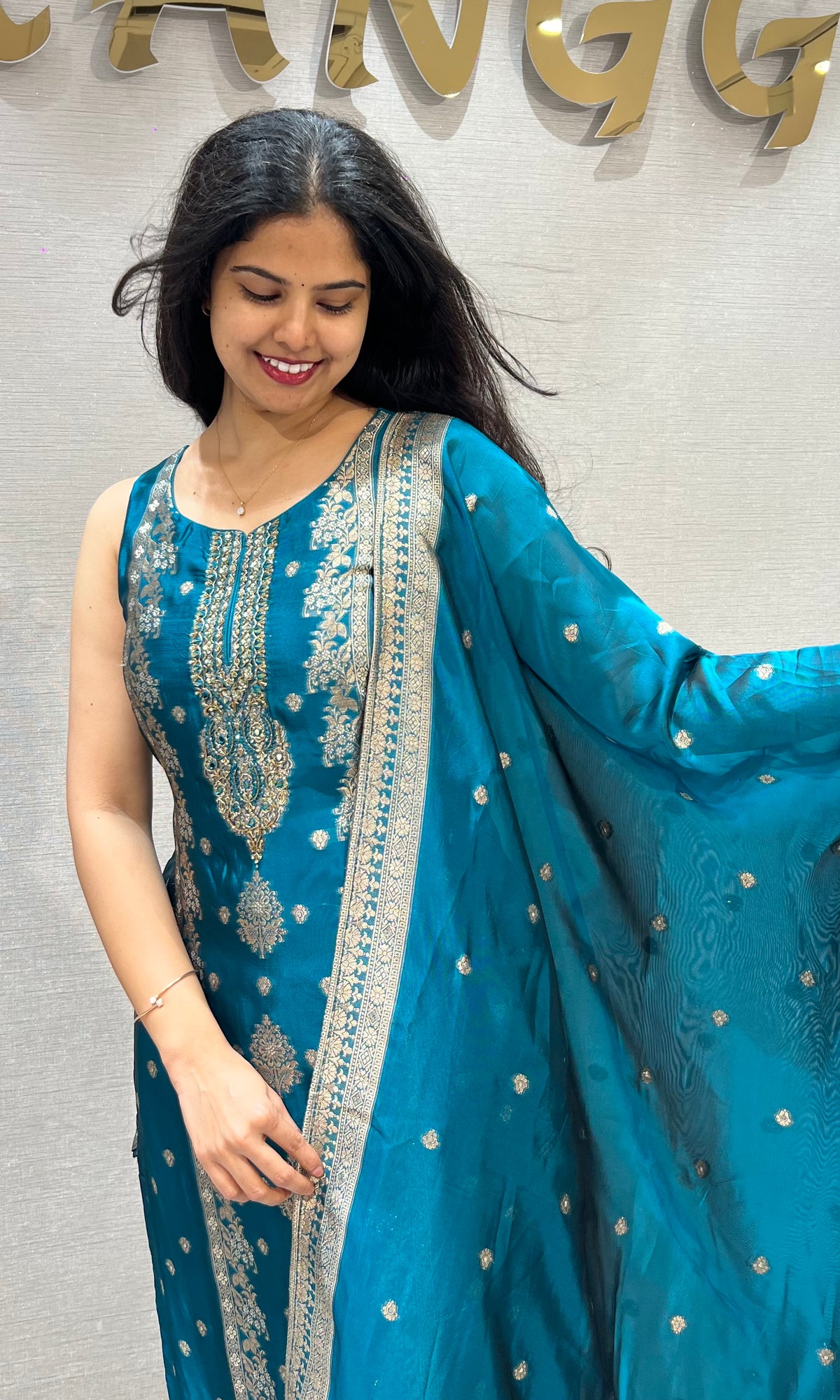 Peacock Blue & Golden silk Ethnic Kurta set with Dupatta