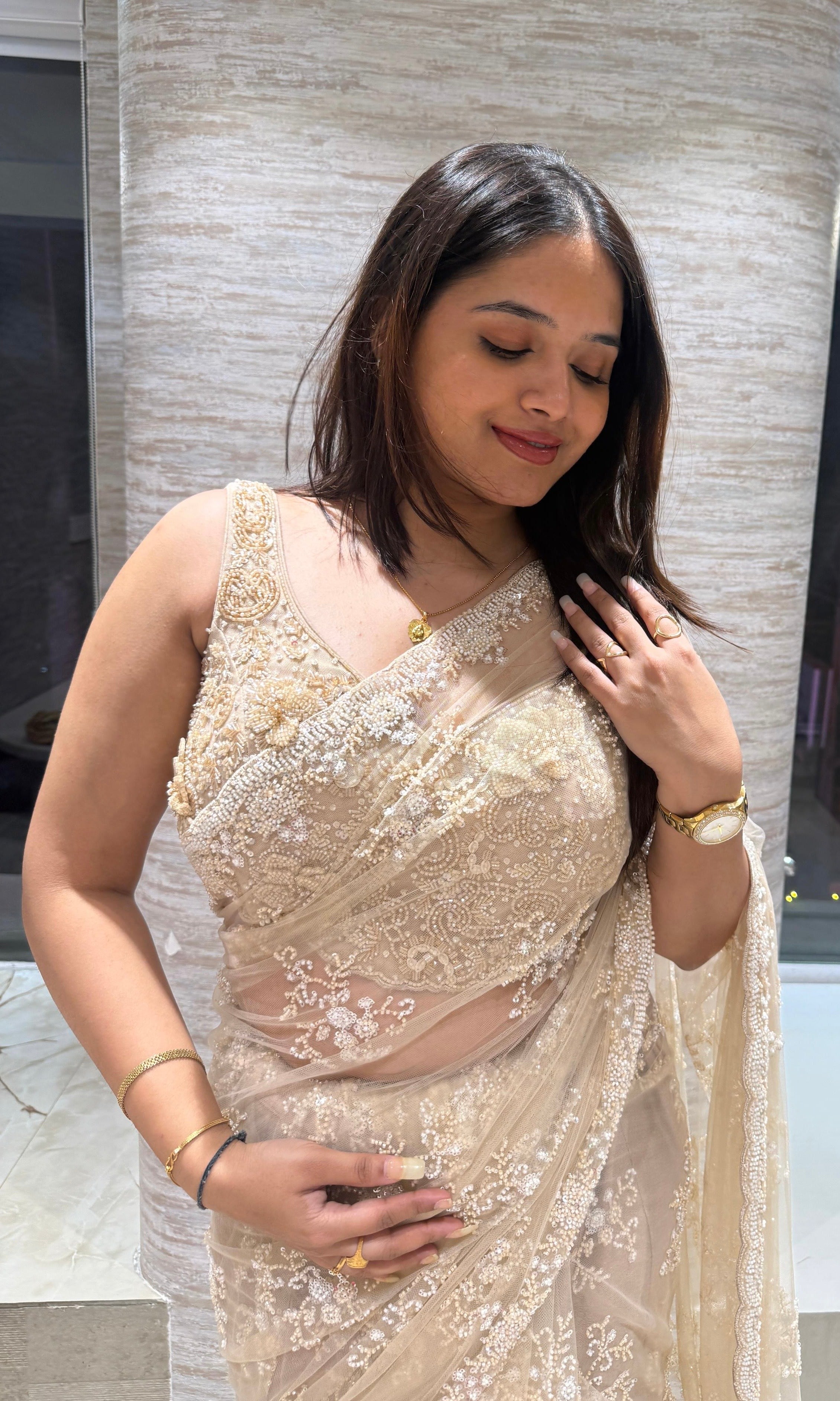 Fawn saree WITH READY BLOUSE