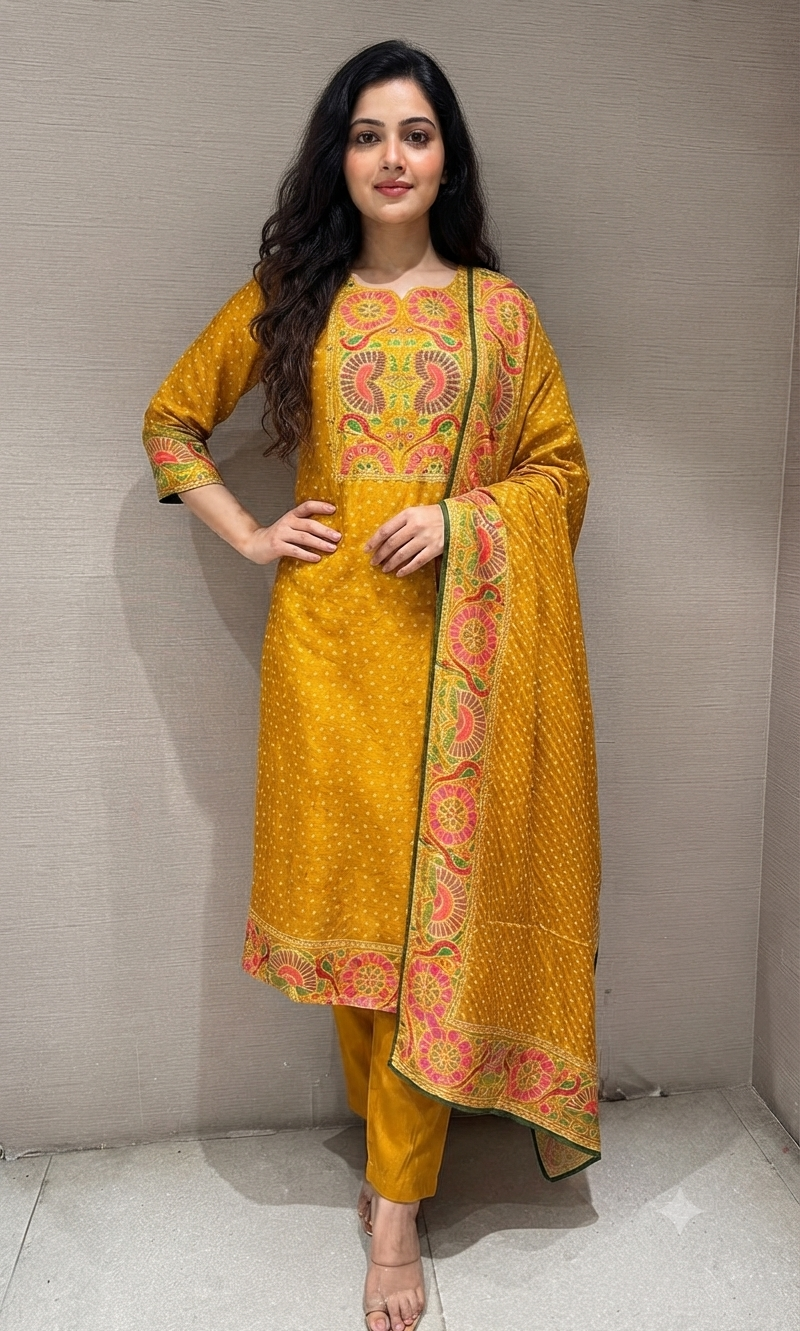 Mustard yellow floral embroidered kurta set
