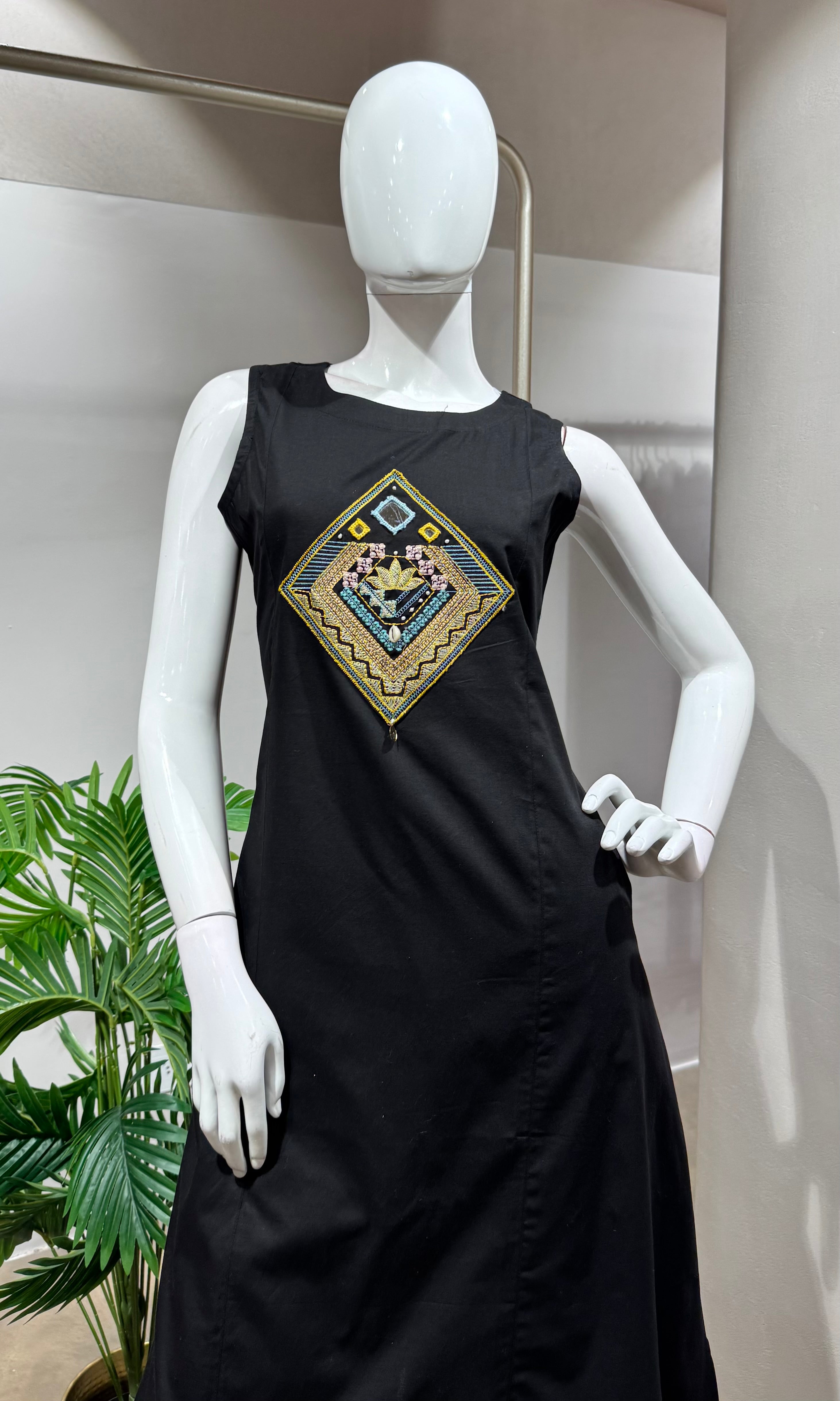 Black Sleeveless Kurta with Embroidered Yoke