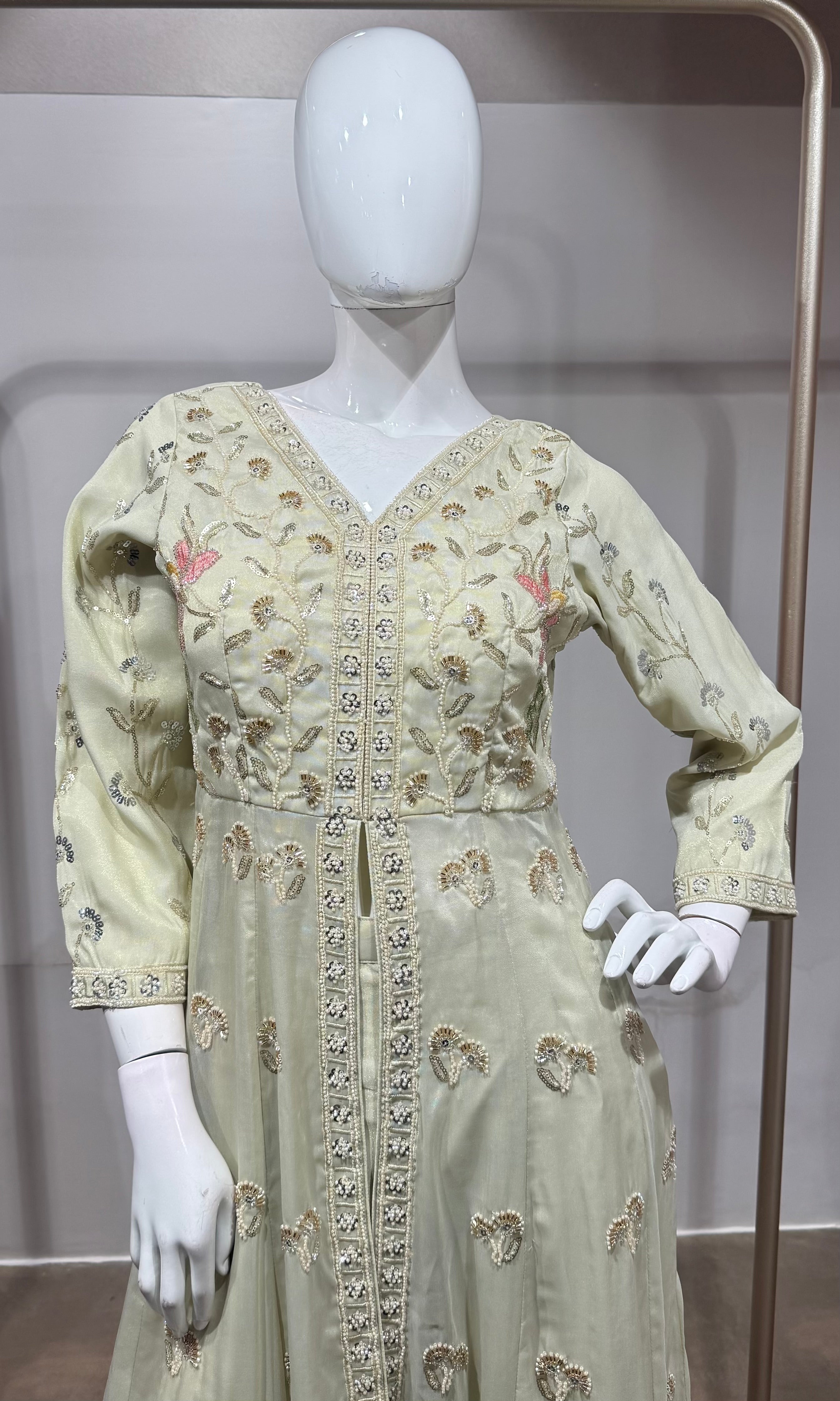 cream embroidered front-slit anarkali set