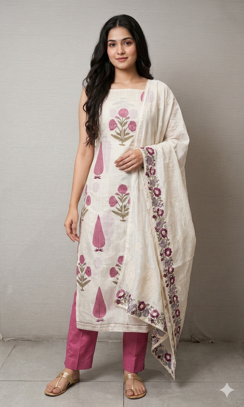 PINK AND WHITE FLORAL PRINT DRESS MATERIAL