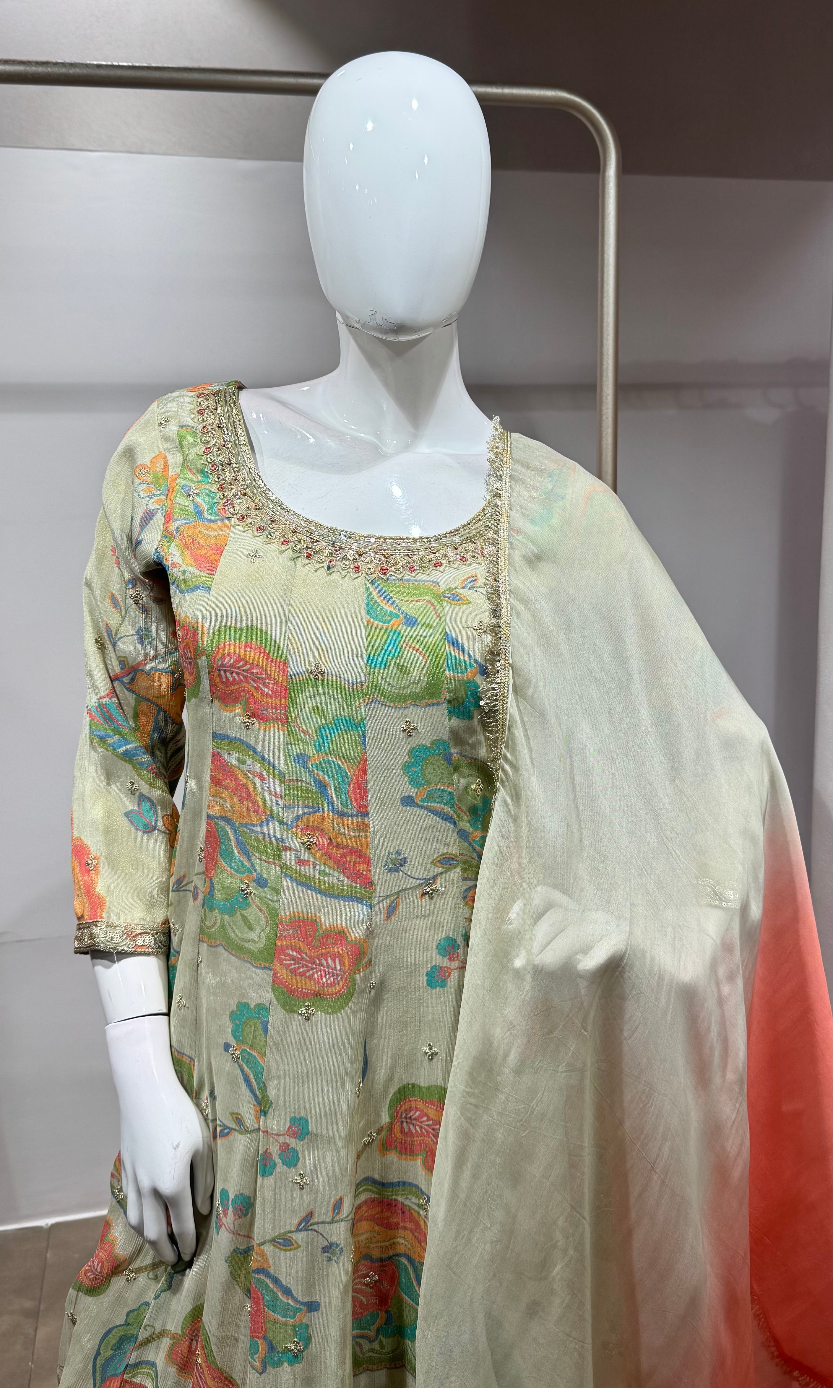 Multi Floral Anarkali Set with contrast dupatta