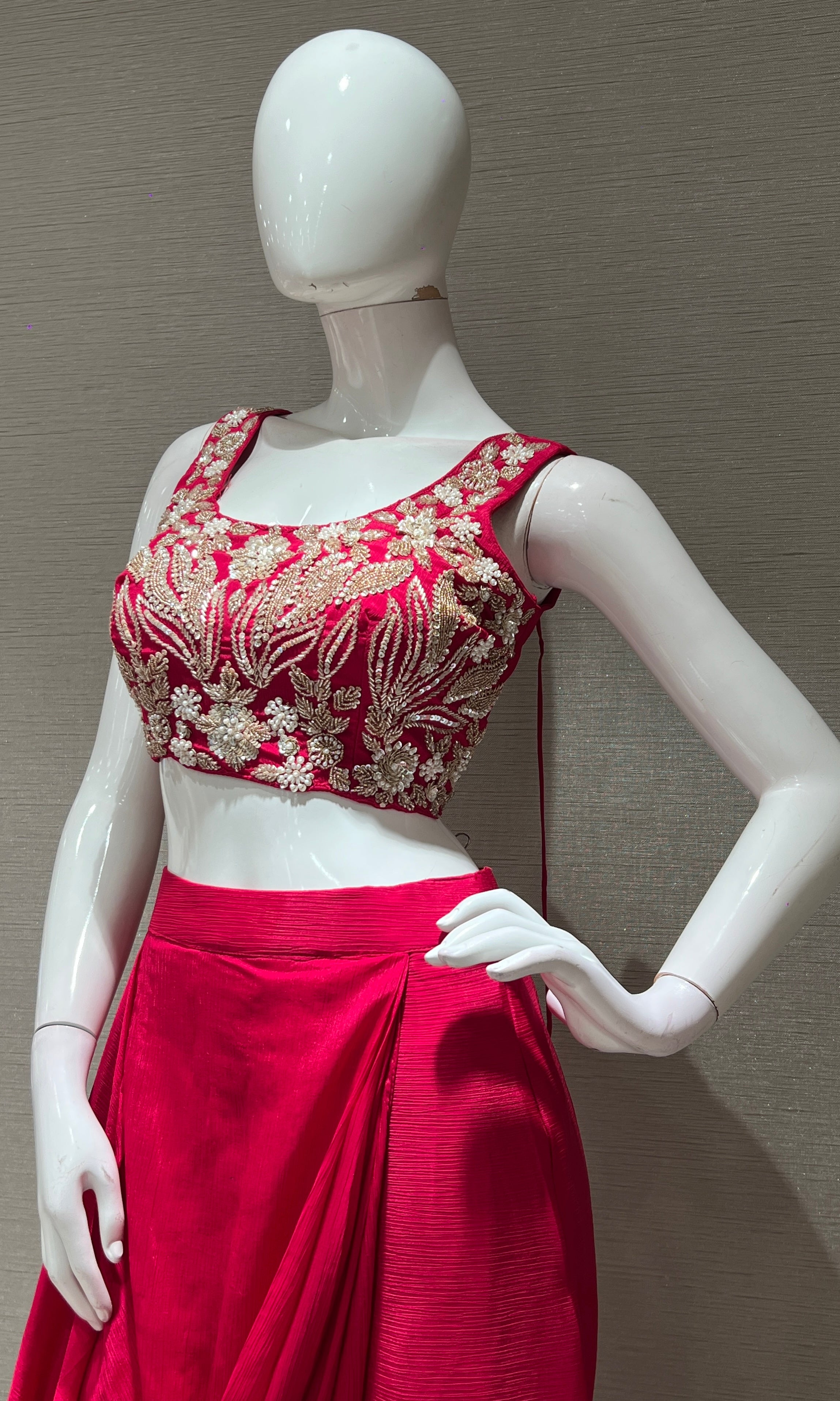 PINK EMBROIDERED BLOUSE with draped skirt & cape