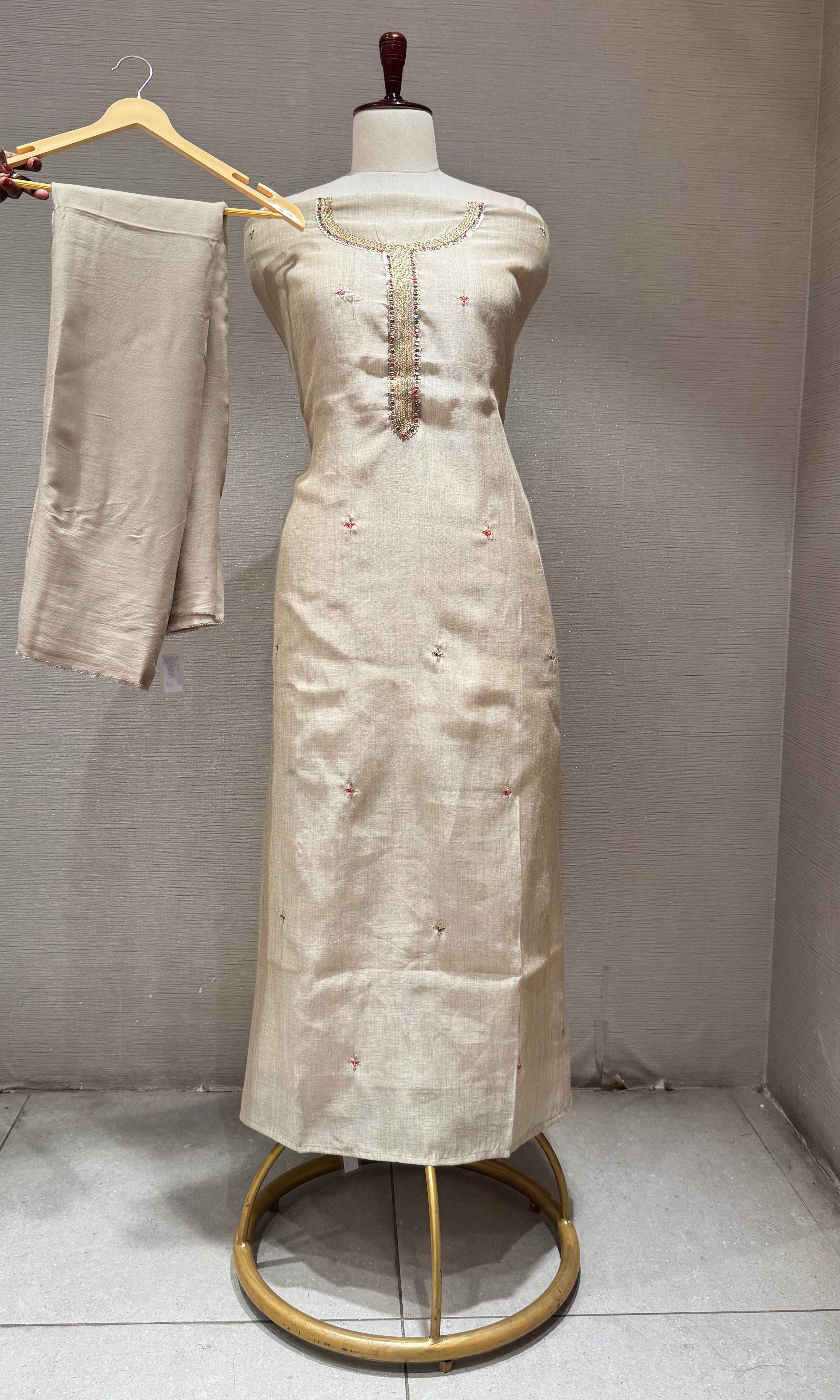 Beige & Pastel Pink Print Dress Material