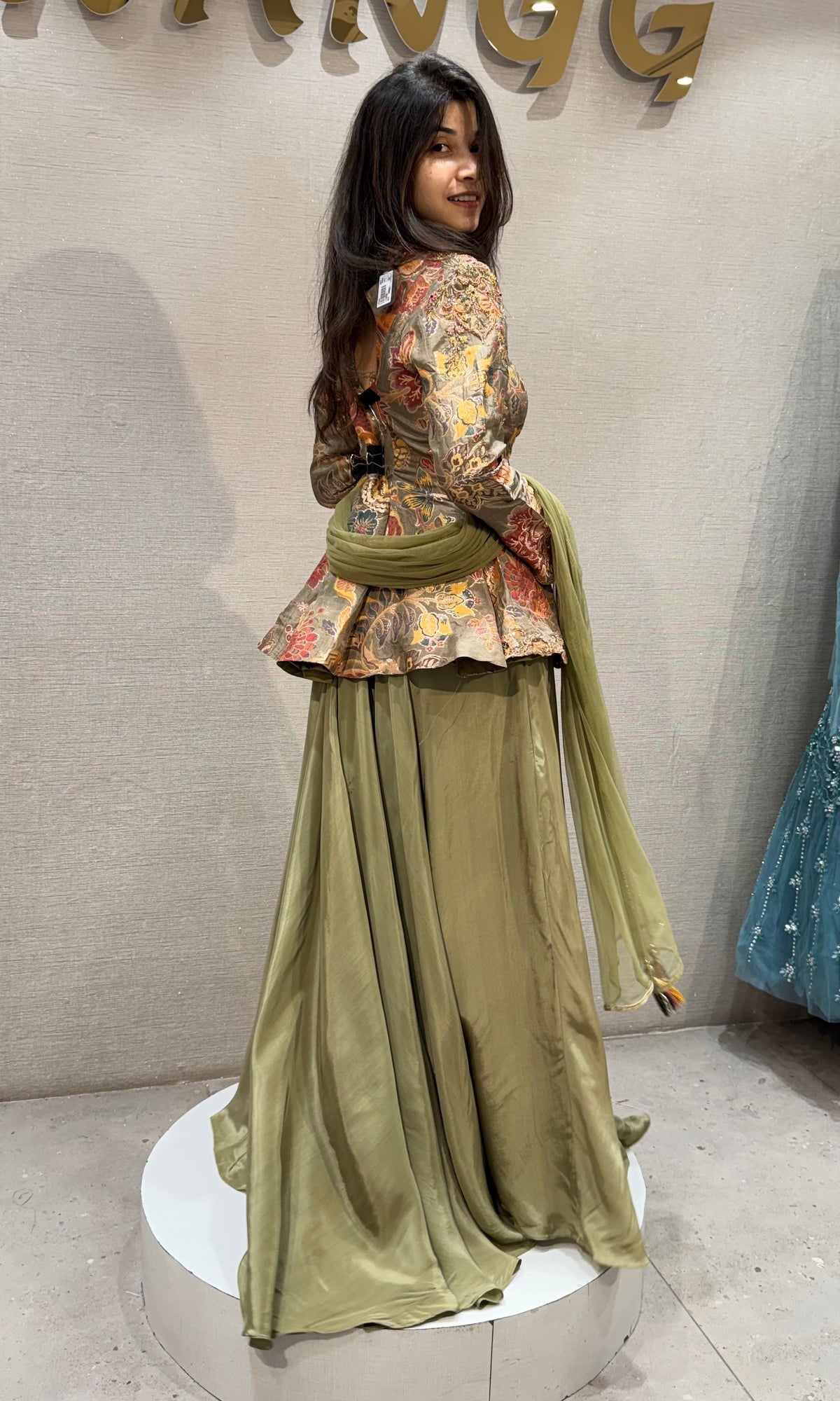 Olive Green Ensemble Peplum Palazzo set with dupatta