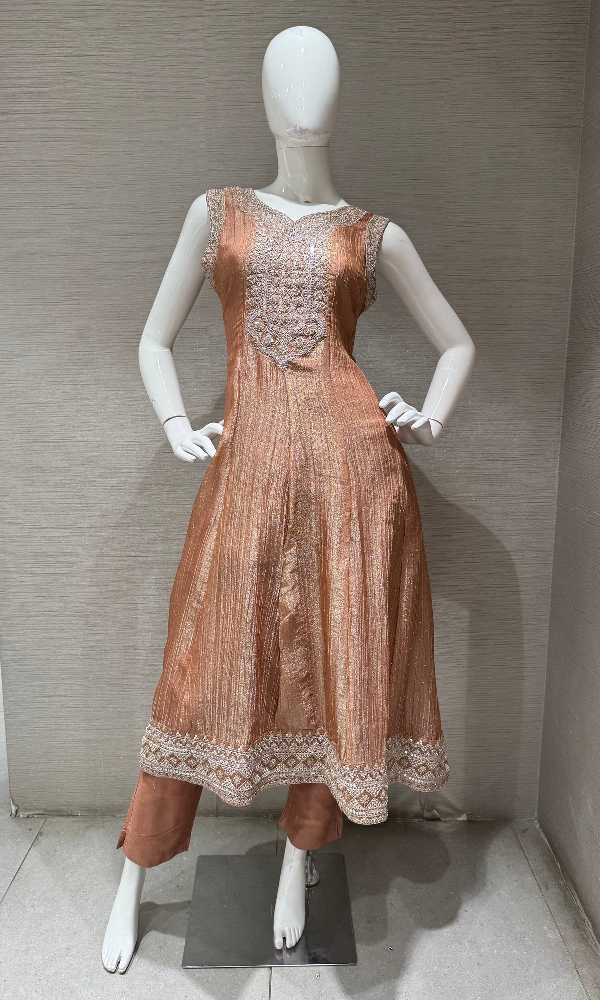 Peach Shimmer Golden Embroidered Kurta Set with dupatta