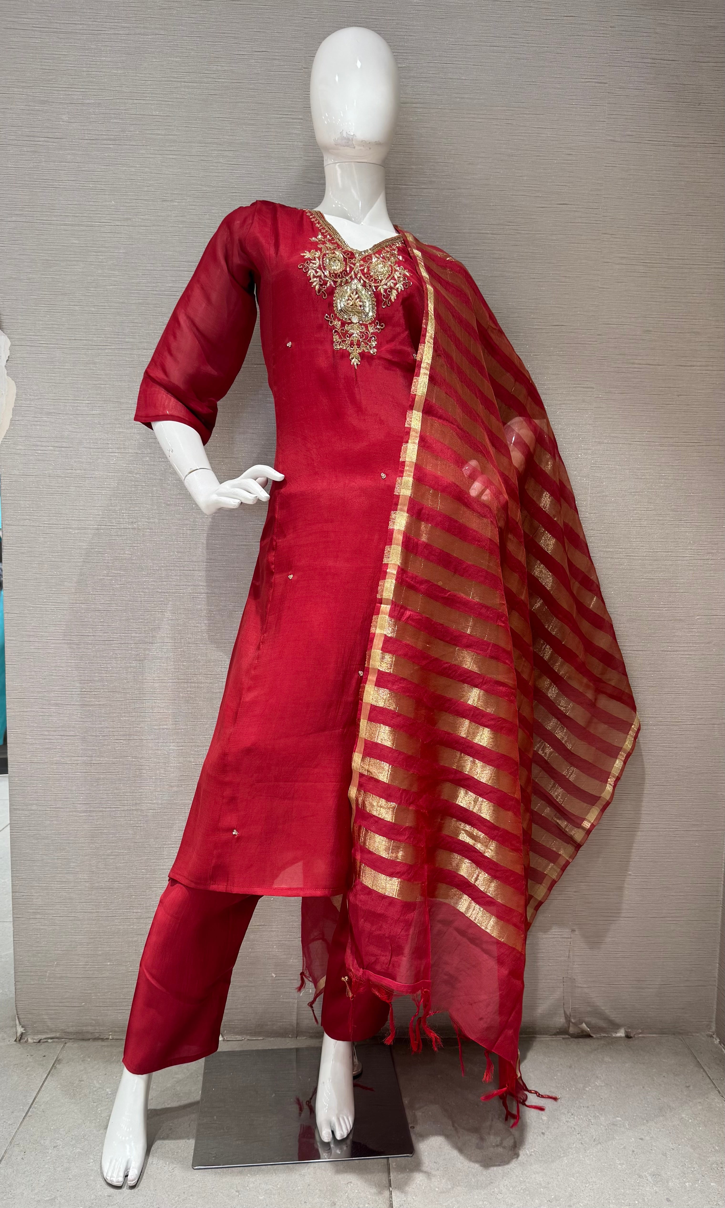 Maroon embroidered Silk Kurta Set with Sheer Dupatta