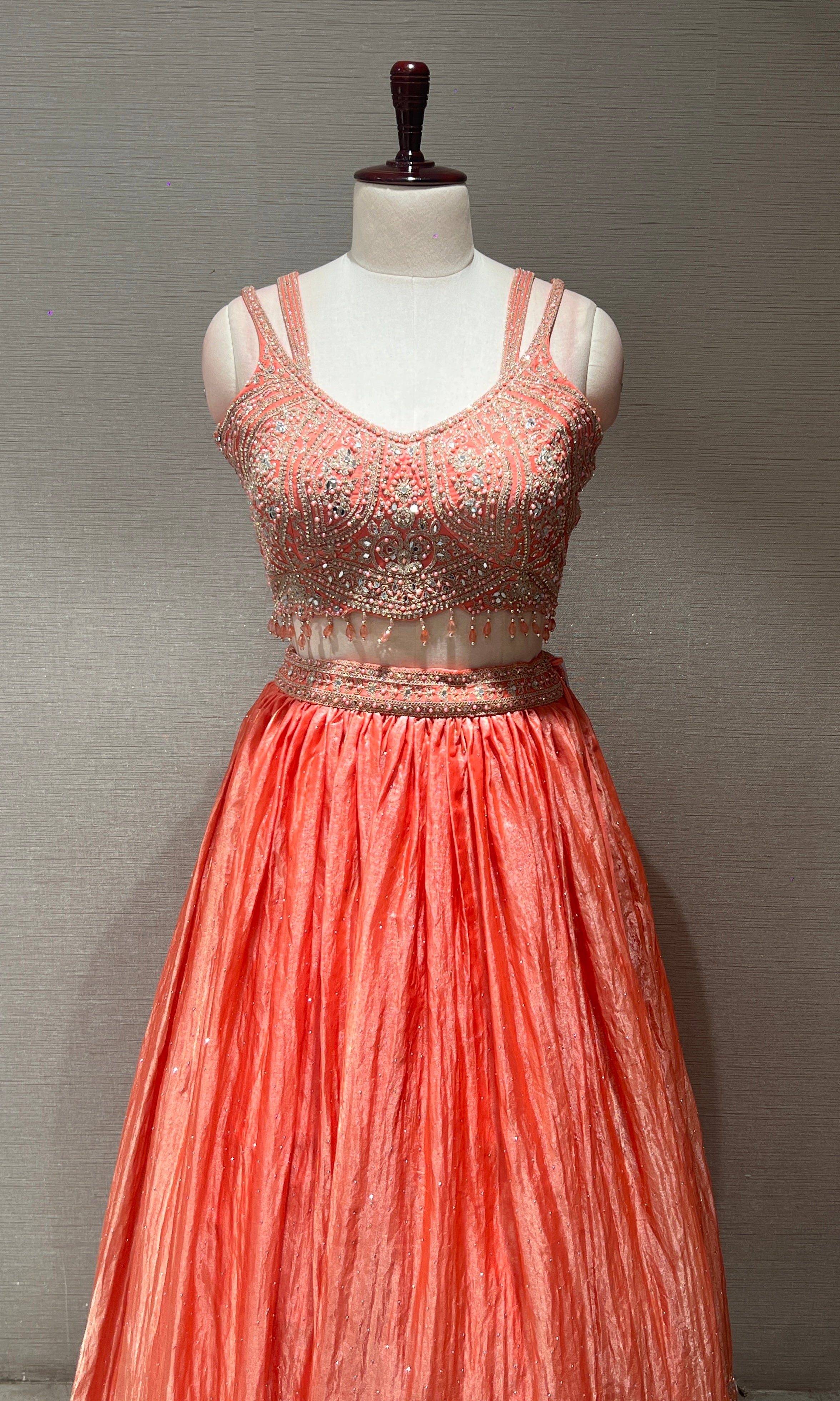 Peach embroidered silk Lehenga