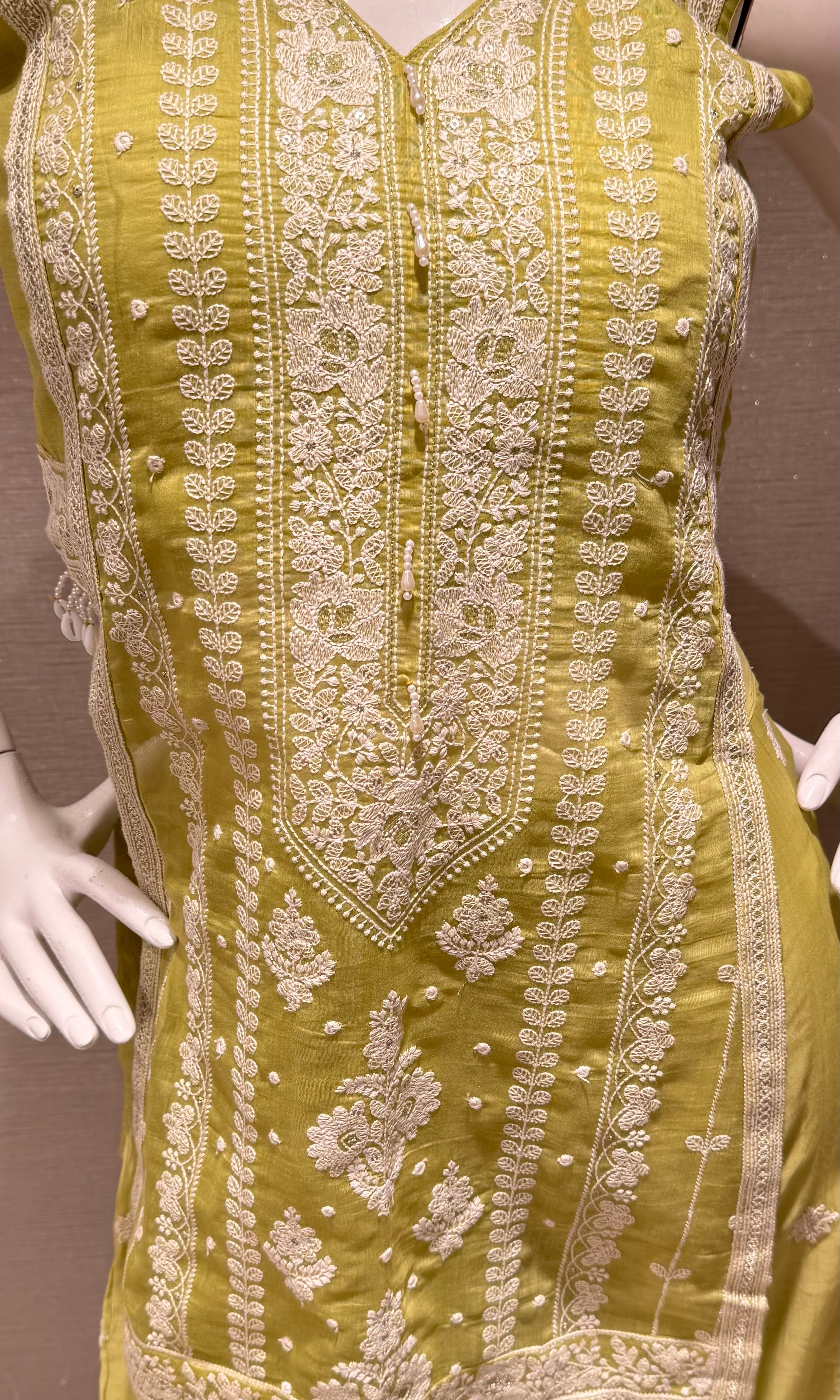 Lime green Embroidered shimmer silk palazzo set