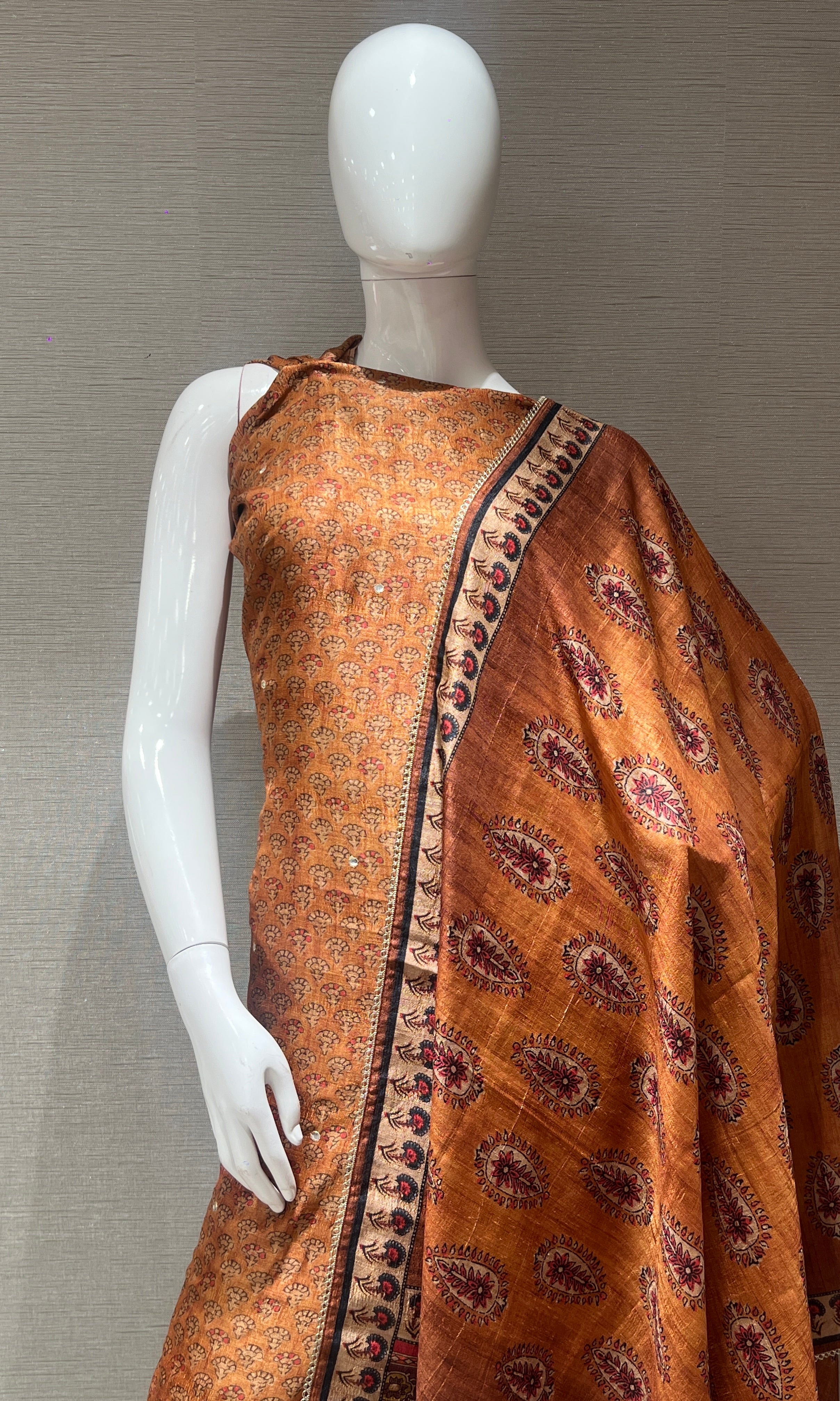 Brown Printed Dress Material