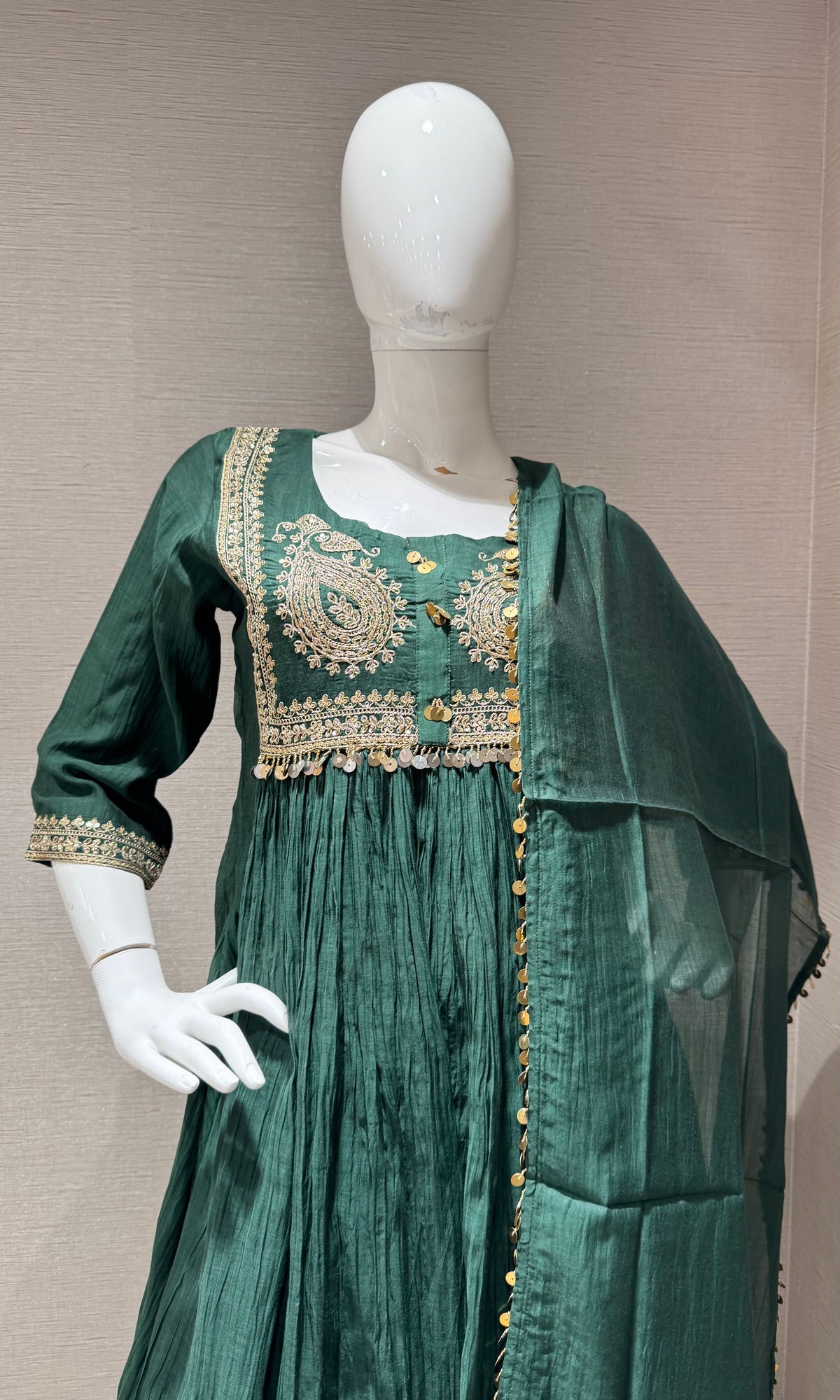 GREEN COTTON ETHNIC A LINE KURTA SET WITH DUPATTA