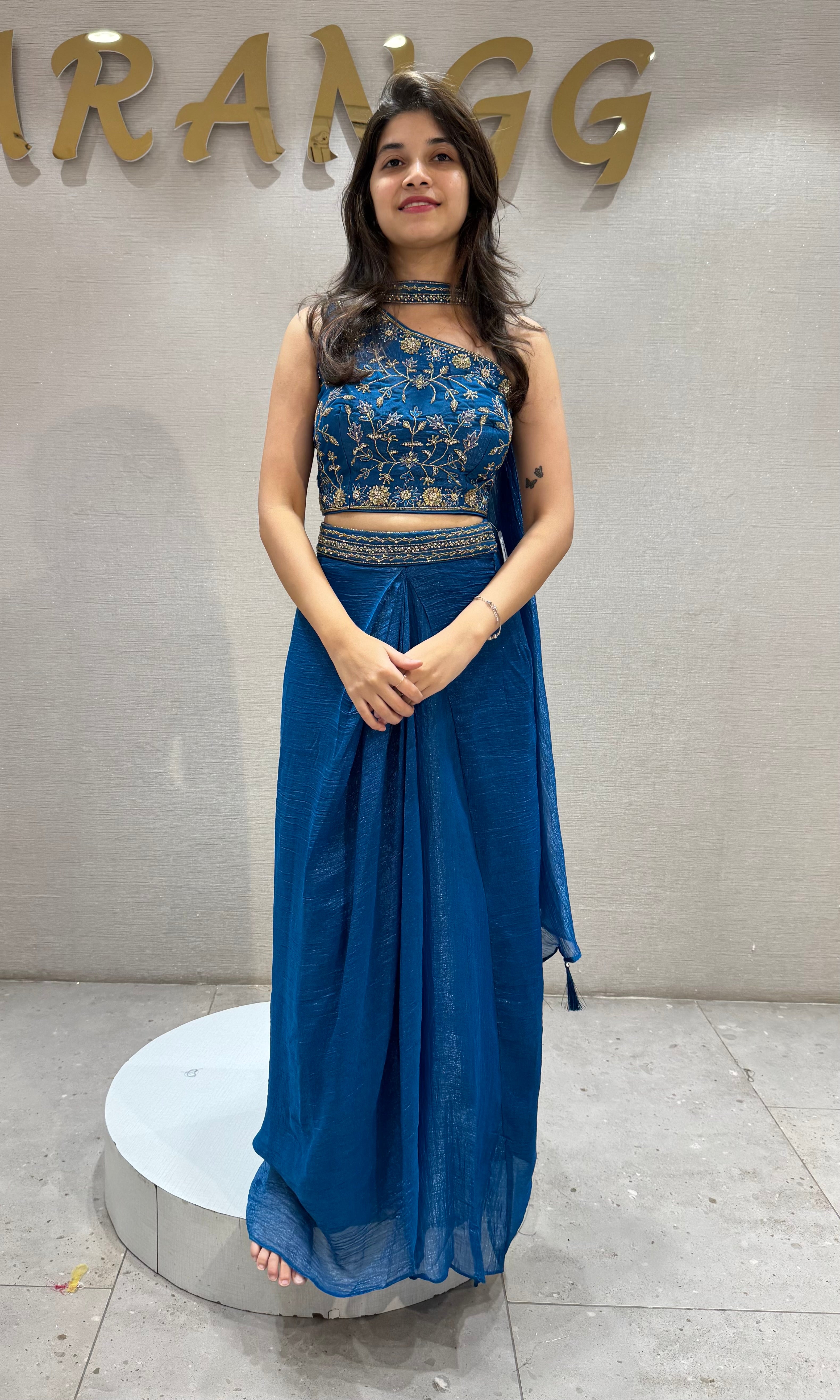 Peacock Blue Embroidered Draped Skirt