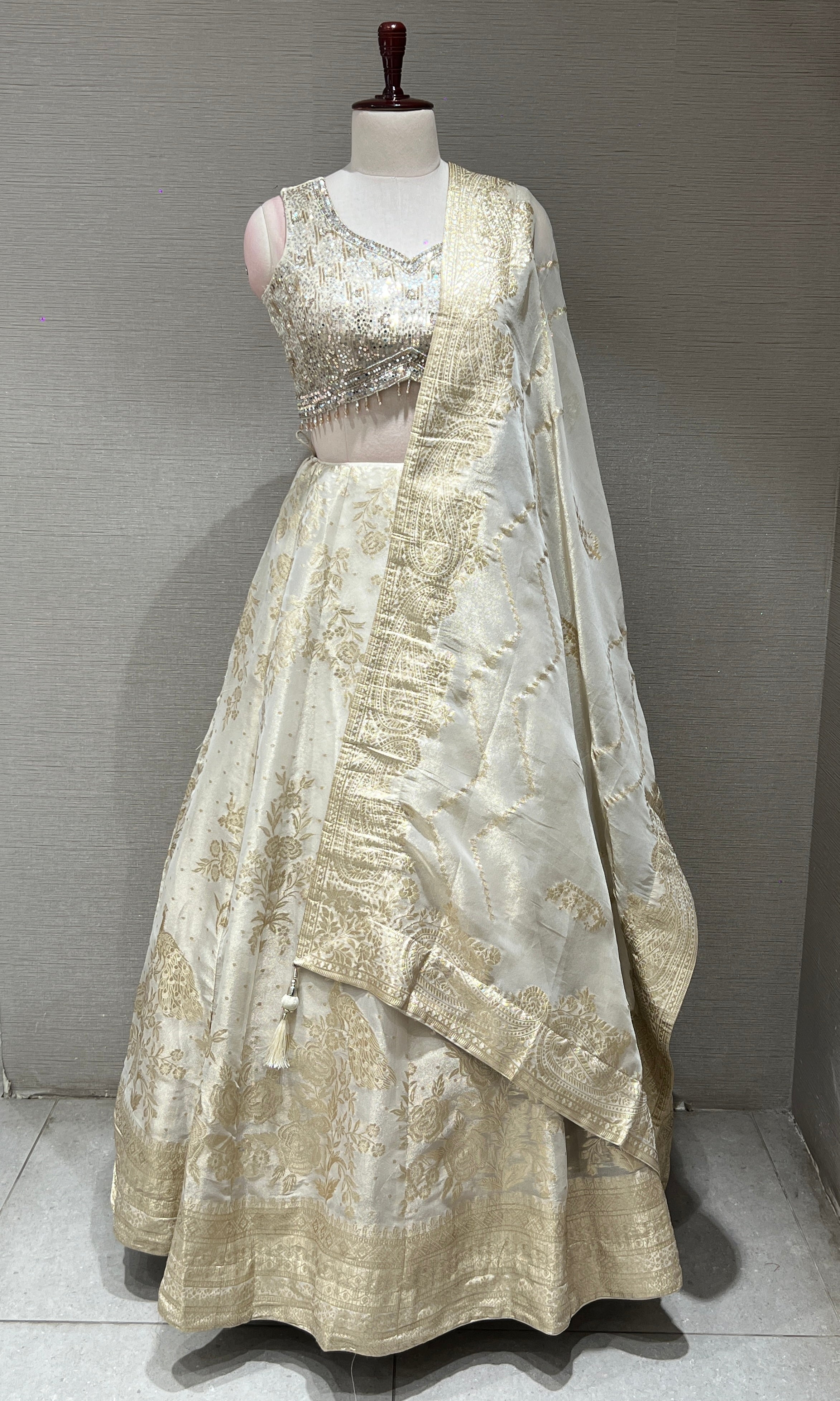 Off white Gold Lehenga with Embellished Blouse