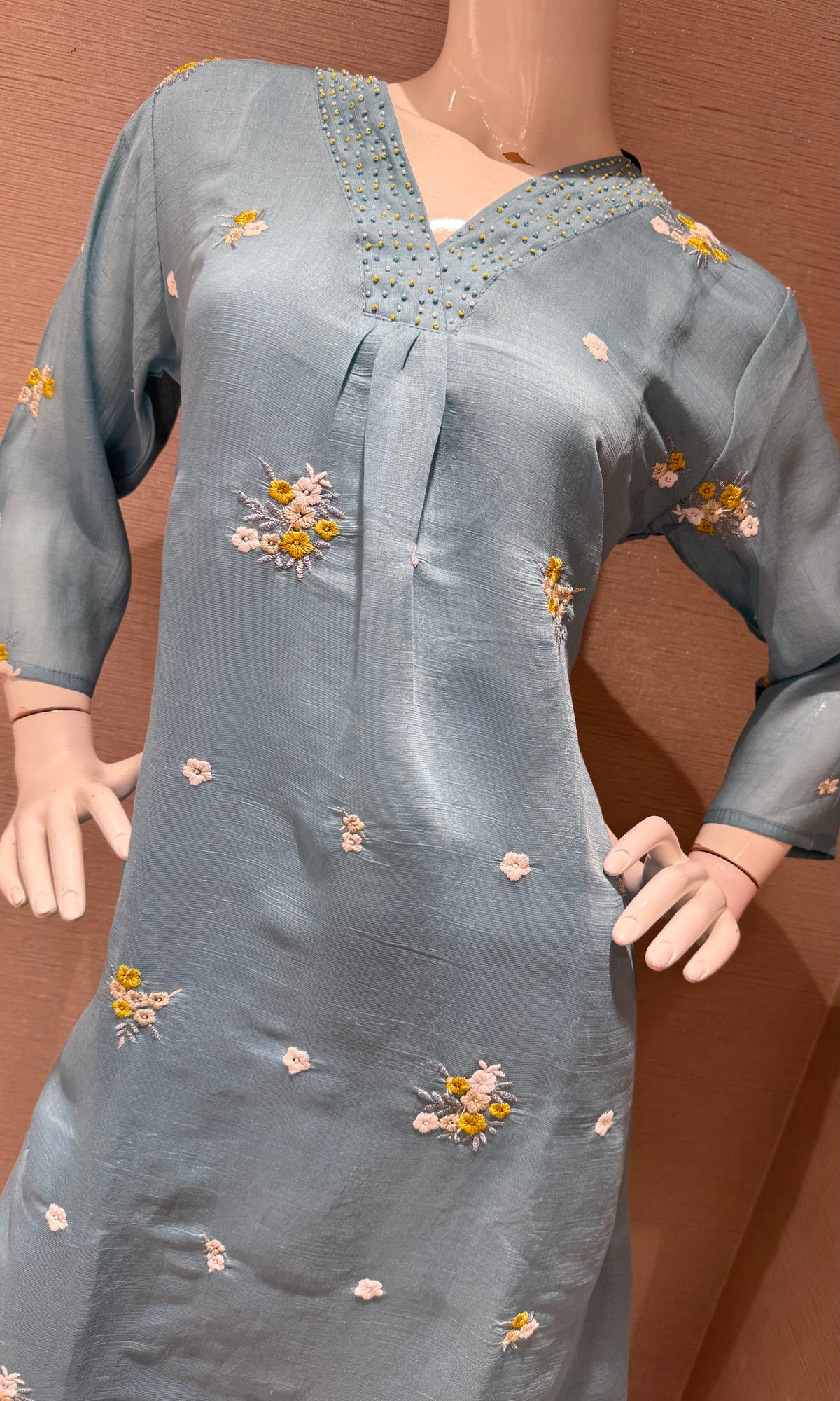 Light Blue Chanderi Kurta Set with Gold Zari Border Dupatta