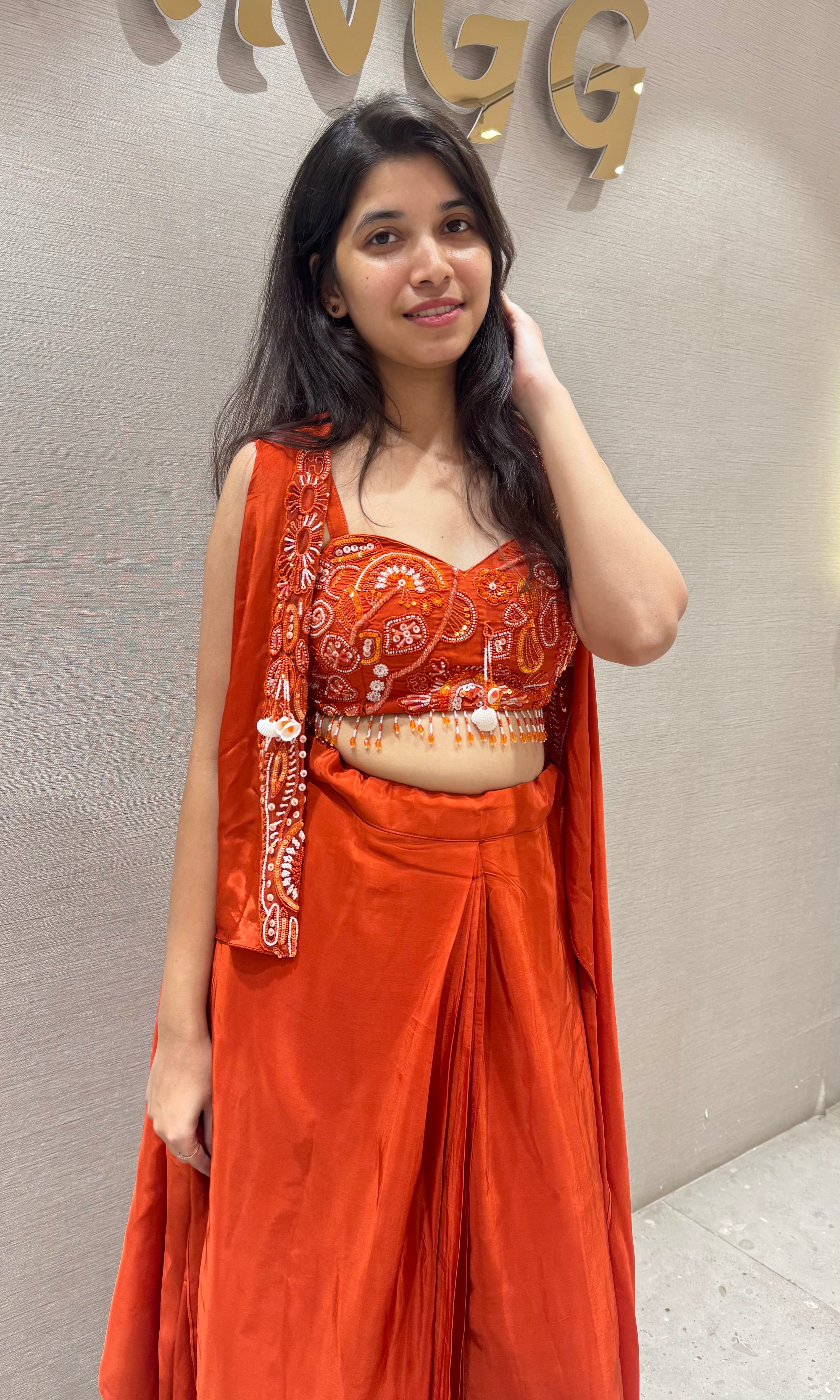 ORANGE SKIRT WITH CORSET BLOUSE AND CAPE