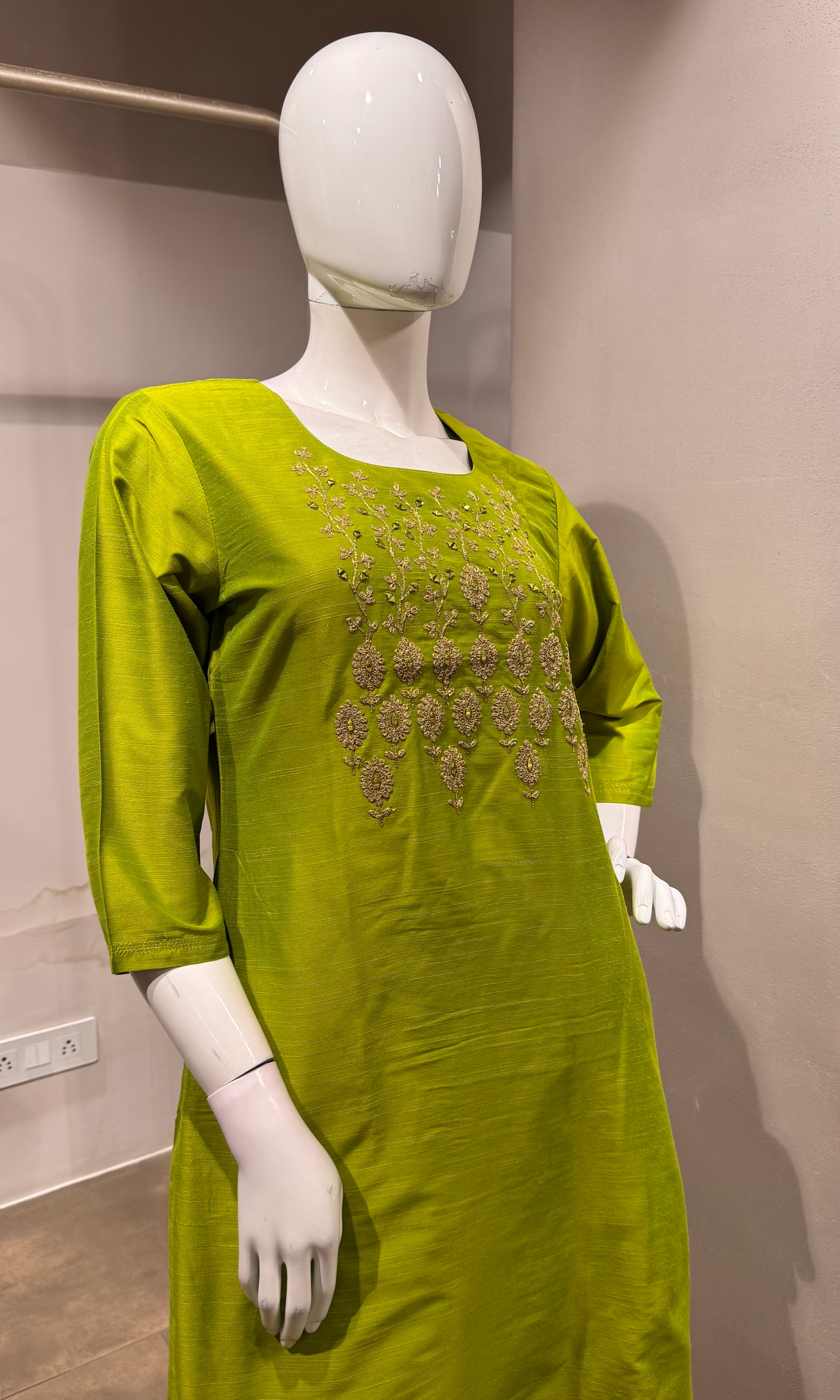 Lime Green Embroidered Silk Kurta set